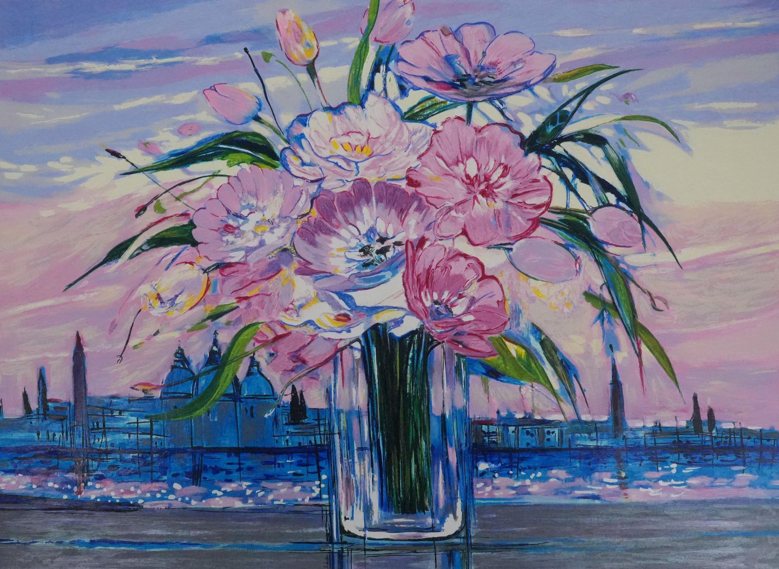 Michel Henrybouquet Of Flowers Under A Pink Sky   Original Screenprint photo furniture