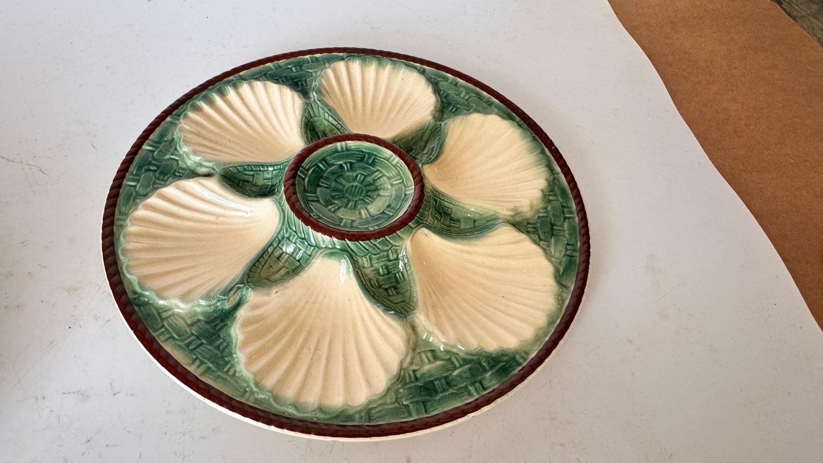 Set Of 4 Oyster Plates – Majolica, 19th Century – Green, White & Brown Glaze photo 478.0