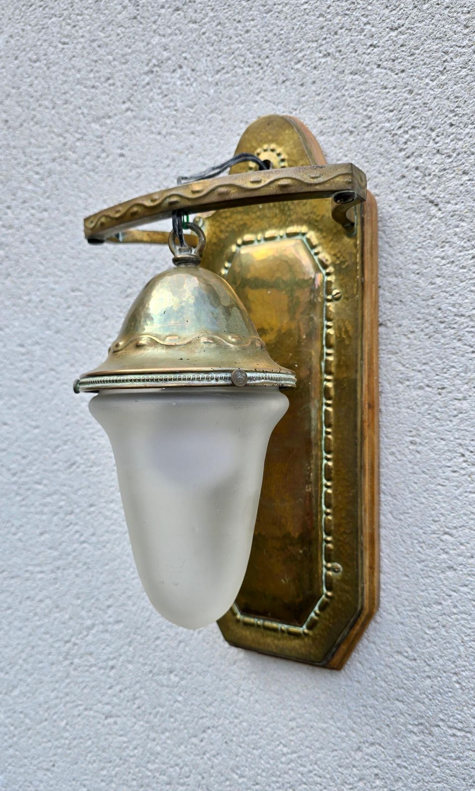 Arts & Crafts Hammered Brass And Frosted Glass Wall Sconce, England/France photo for sale