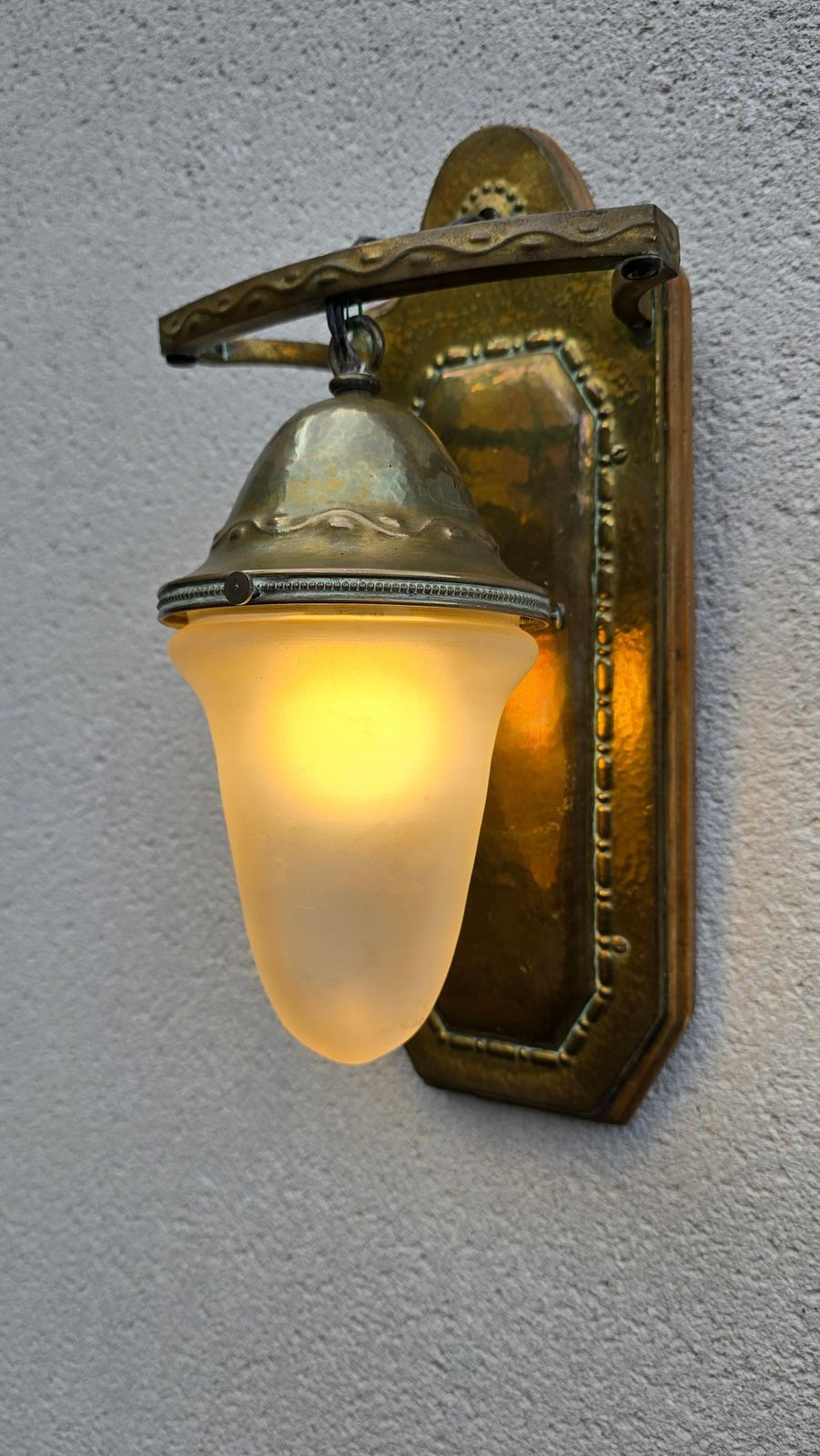 Arts & Crafts Hammered Brass And Frosted Glass Wall Sconce, England/France photo Lighting