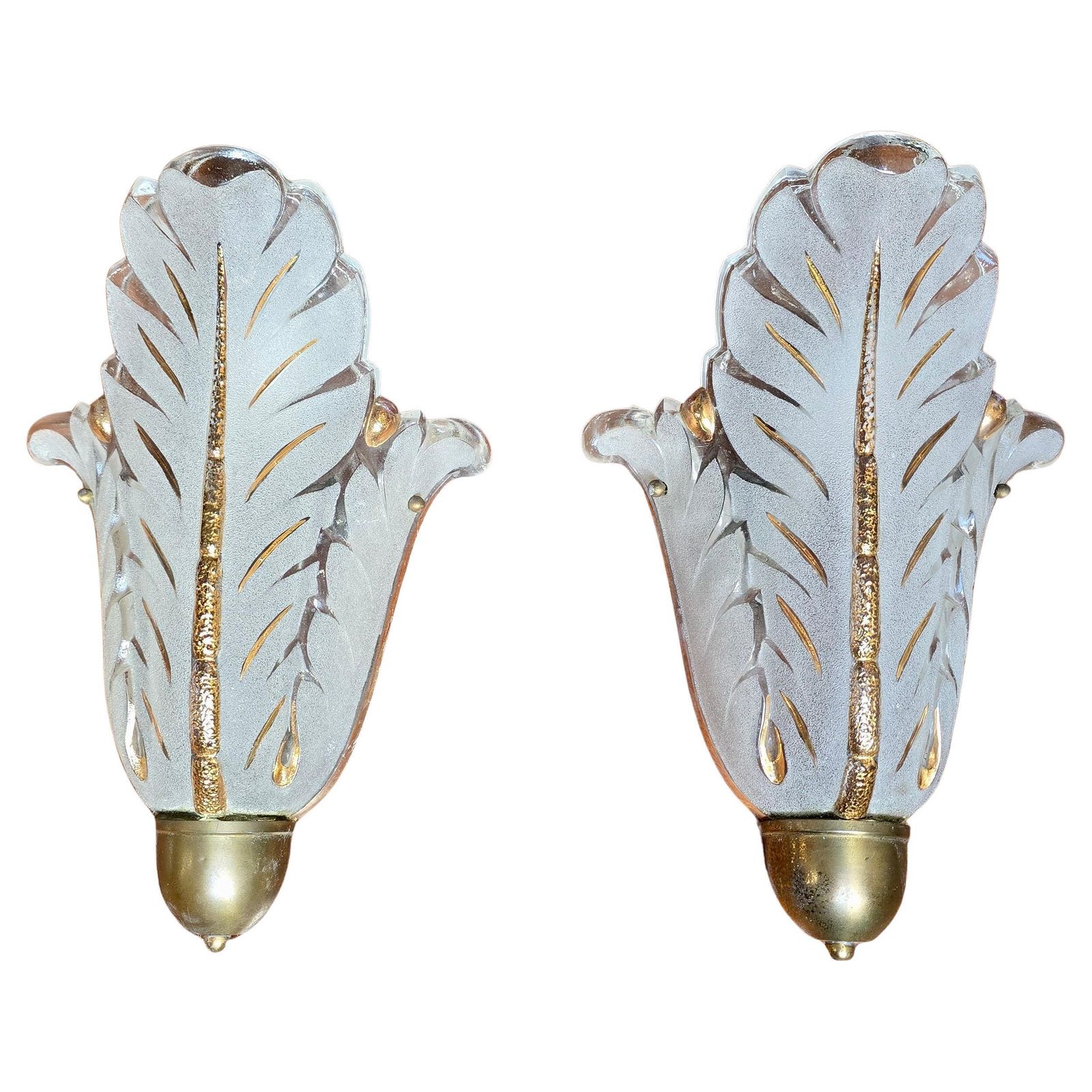 Pair Of Murano Glass Wall Sconces, Leaf Design With Gold Details, Italy, 1950s photo for sale