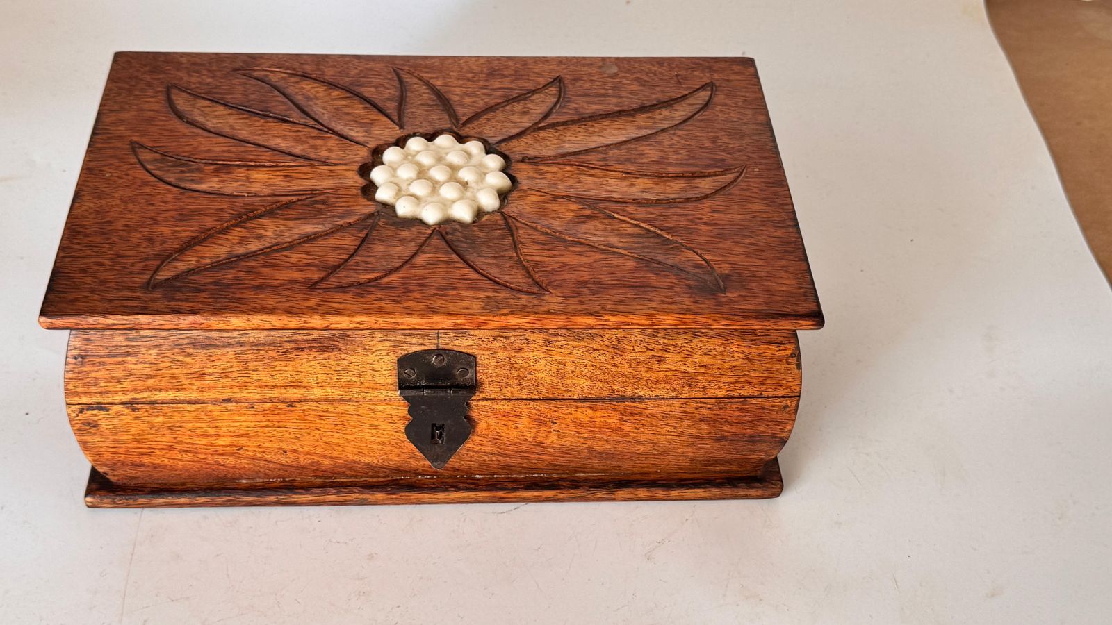 French Wooden Box With Ceramic Inlay – Geometric Floral Motif – Circa 1950 photo for sale