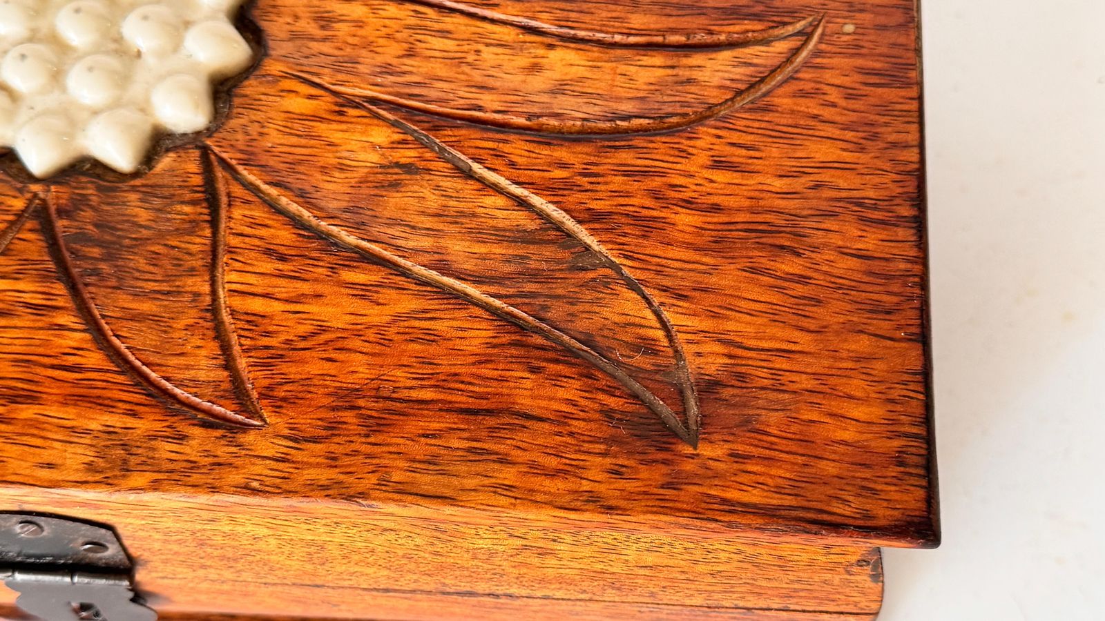 French Wooden Box With Ceramic Inlay – Geometric Floral Motif – Circa 1950 photo vinterior
