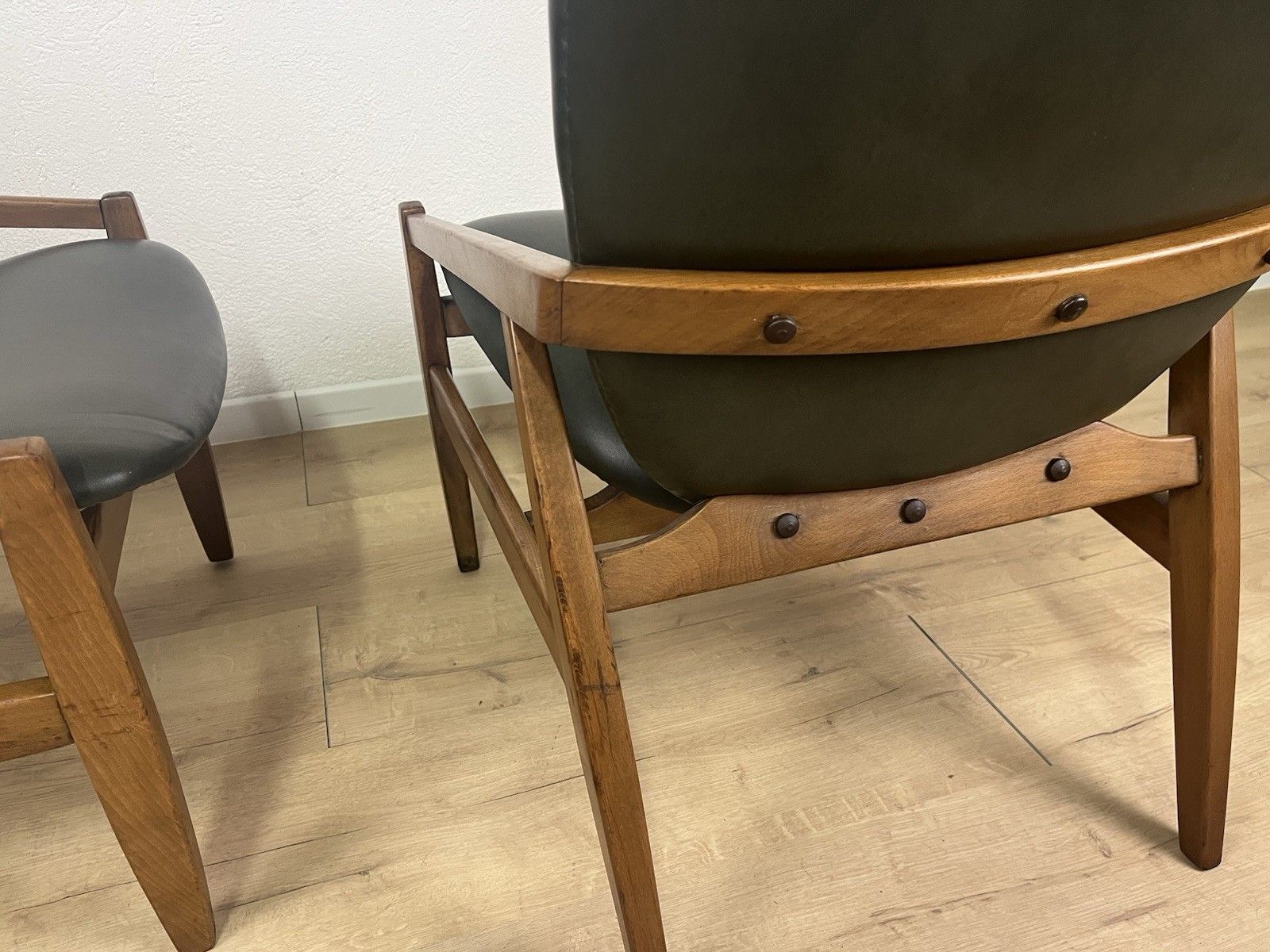 1040.0 Pair Of 60’s Abetone Wood Leather Armchairs Vintage Design photo