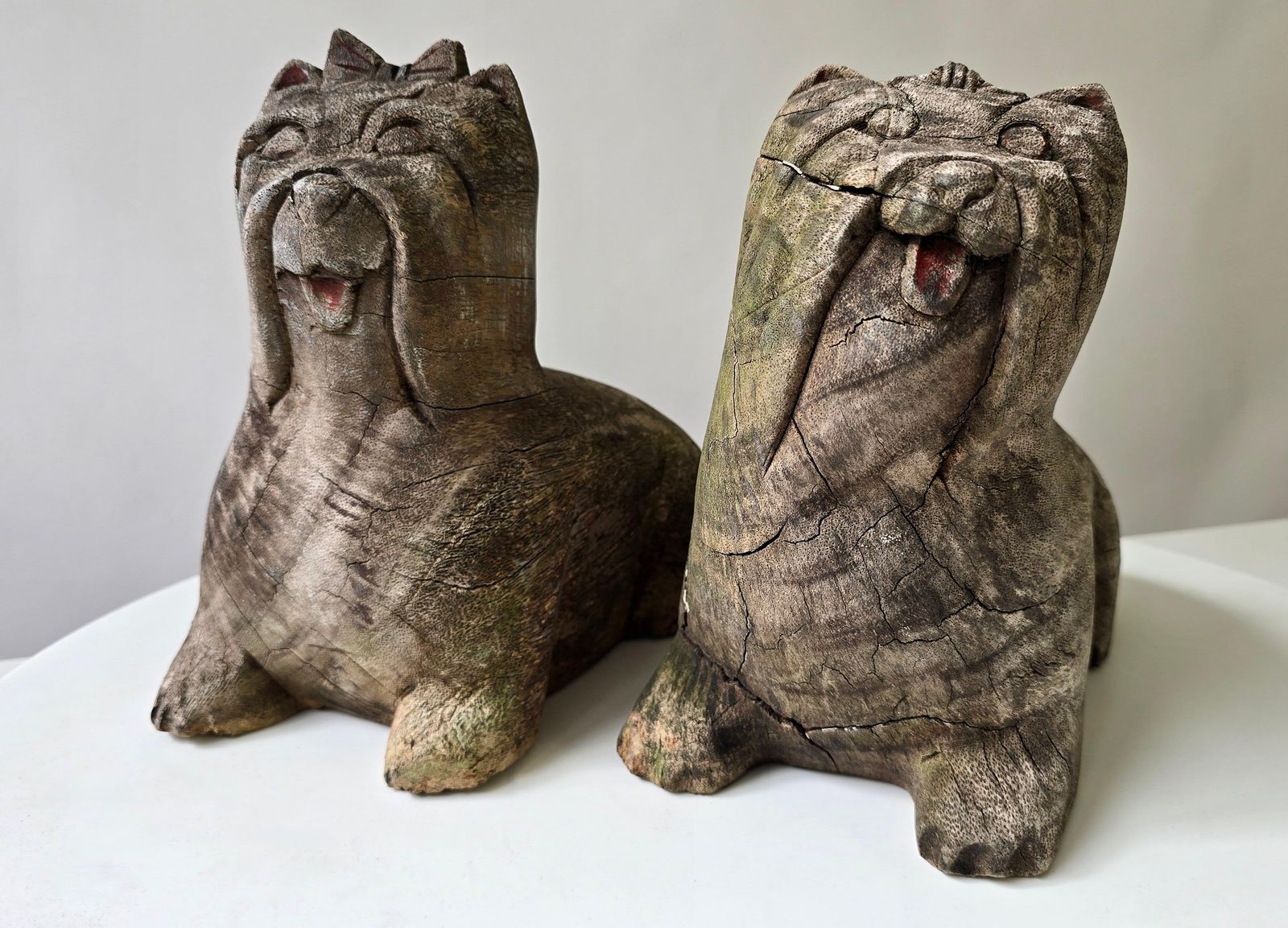 Pair Of Antique Folk Art Carved Wooden Maltese Dog Sculptures photo furniture
