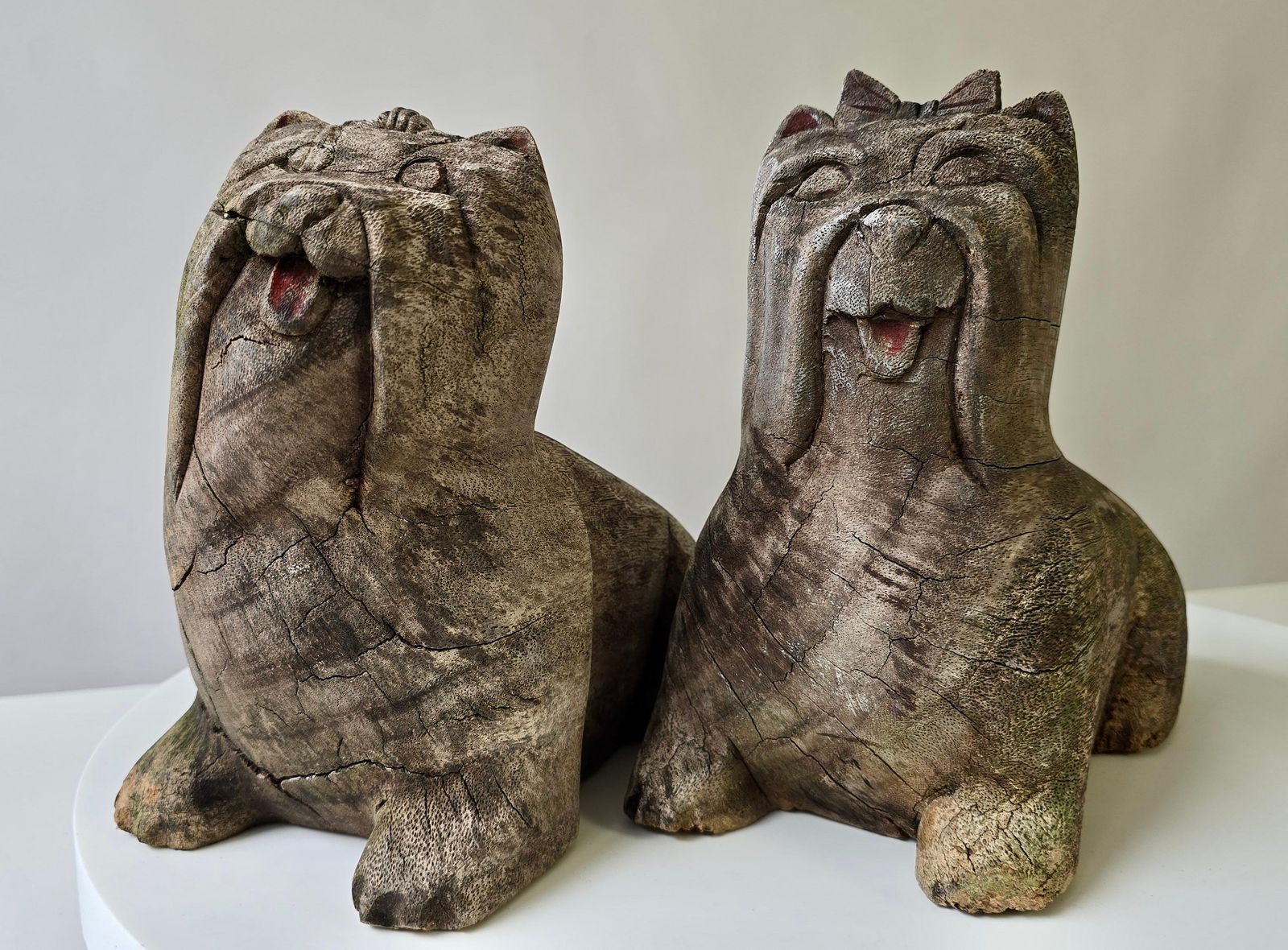 Pair Of Antique Folk Art Carved Wooden Maltese Dog Sculptures photo vinterior