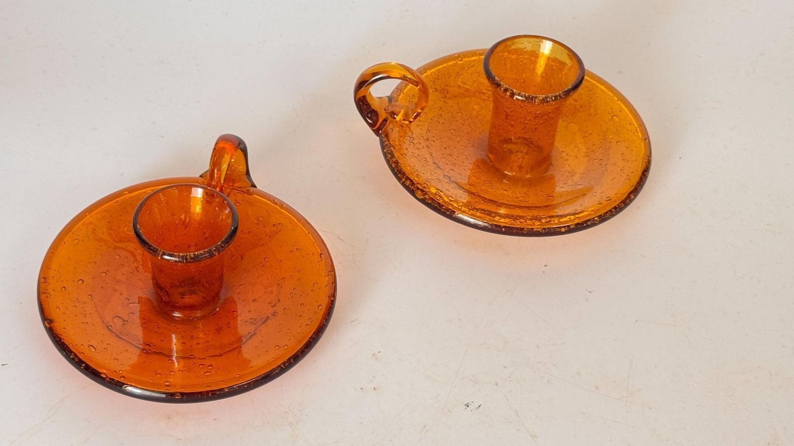 Pair Of Orange Bubble Glass Candle Holders – Biot, France – 1960s photo for sale