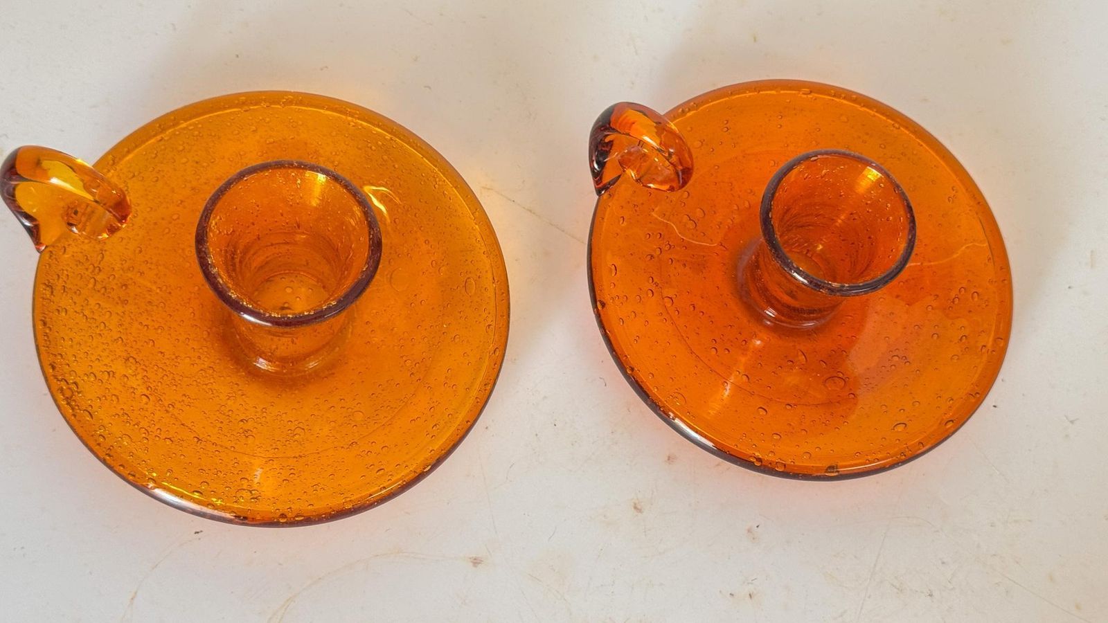 Pair Of Orange Bubble Glass Candle Holders – Biot, France – 1960s photo 478.0