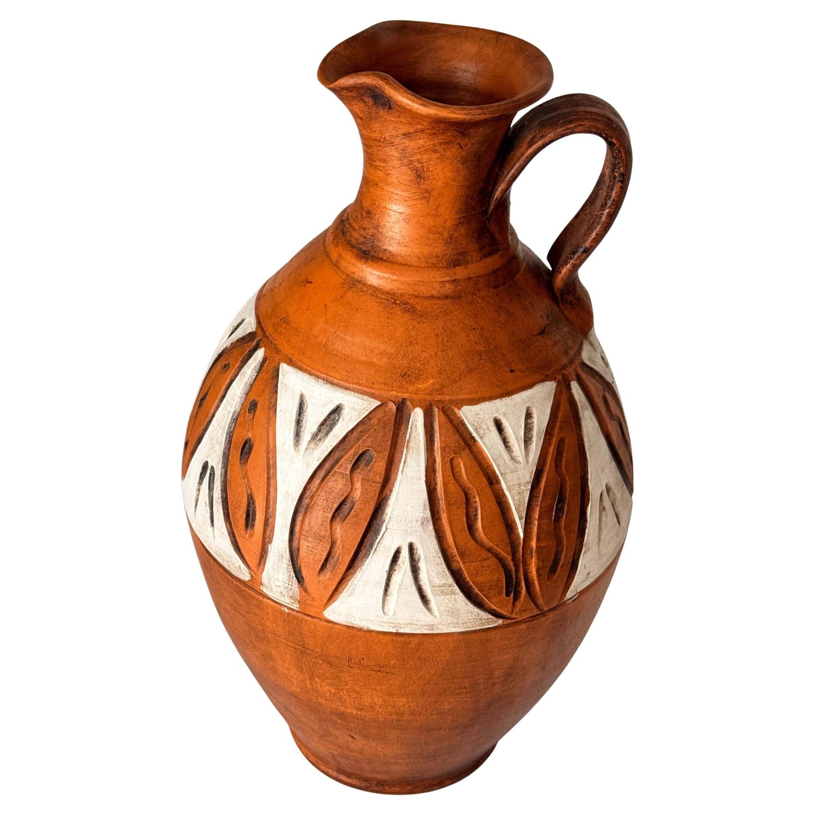 Hand Painted French Ceramic Jug – Tribal Geometric Motifs – 20th Century