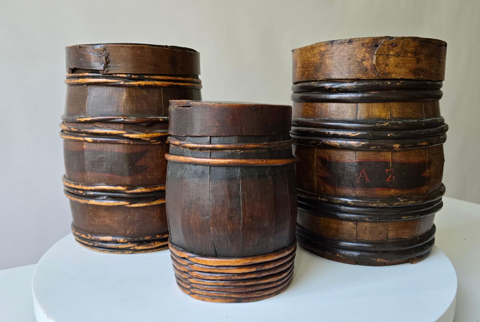 photo furniture Set Of Three Antique Dutch/Flemish Herring Barrels With Original Inscriptions