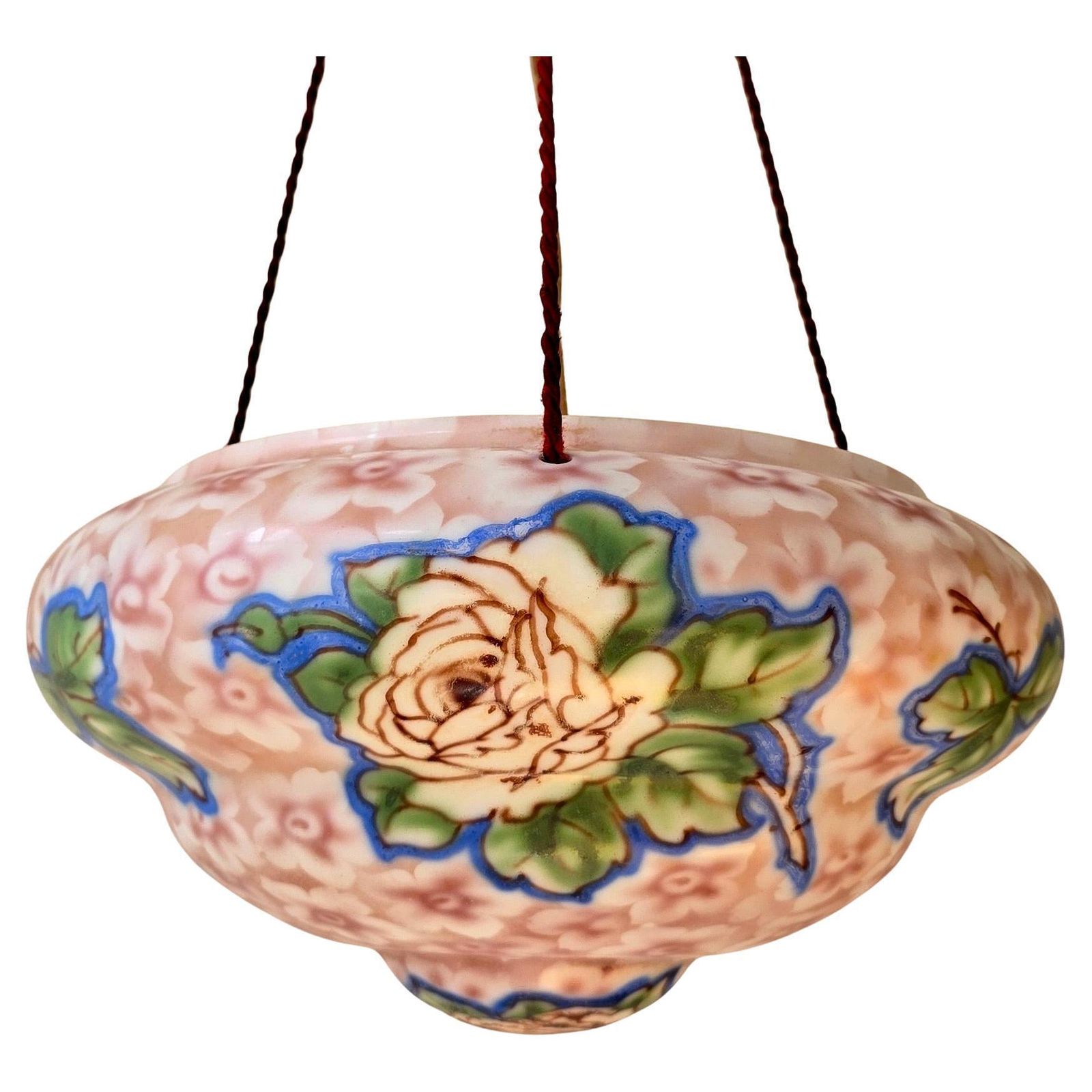 Art Deco Floral Glass Pendant Light, Hand Painted Thin Pressed Glass Shade, 1920