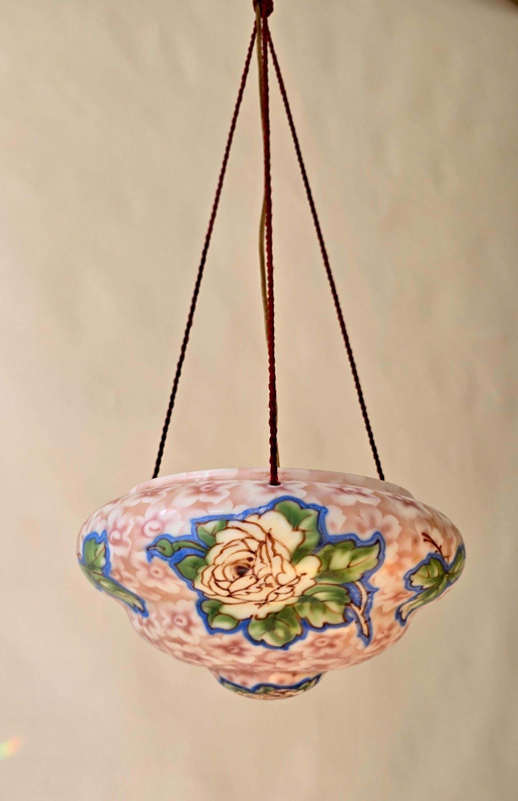 Art Deco Floral Glass Pendant Light, Hand Painted Thin Pressed Glass Shade, 1920 photo furniture