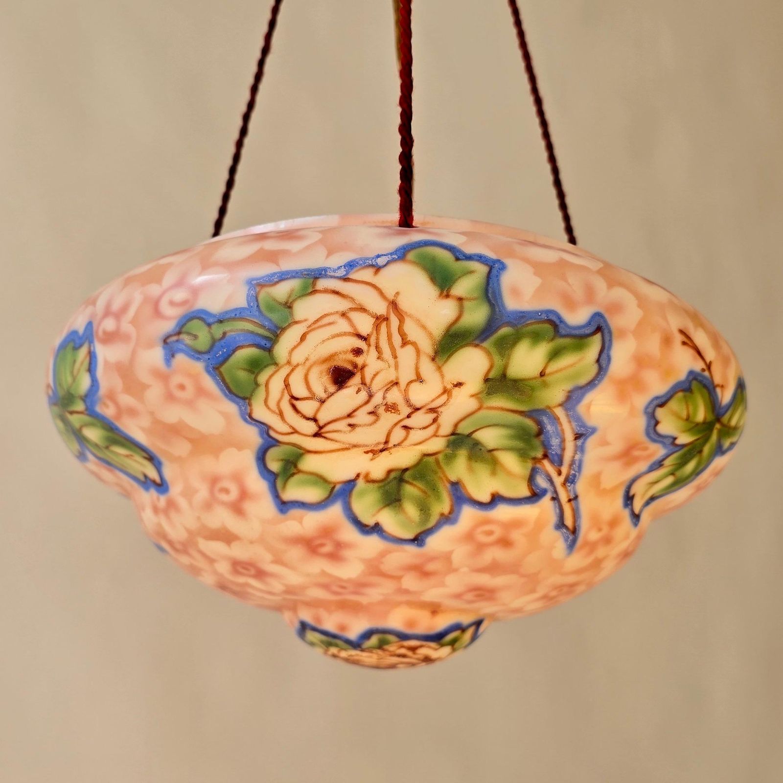 photo for sale Art Deco Floral Glass Pendant Light, Hand Painted Thin Pressed Glass Shade, 1920