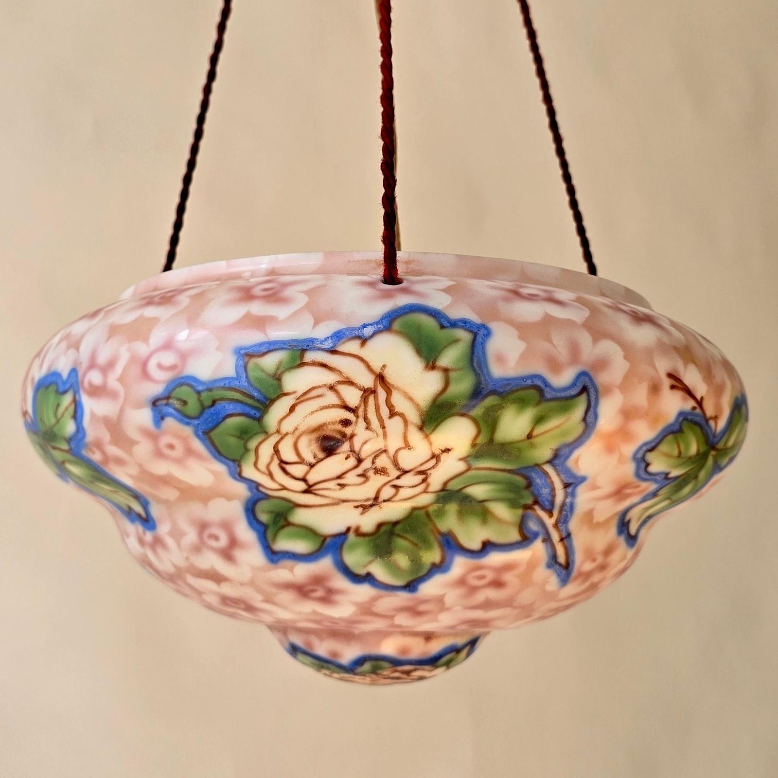 Lighting Art Deco Floral Glass Pendant Light, Hand Painted Thin Pressed Glass Shade, 1920 photo