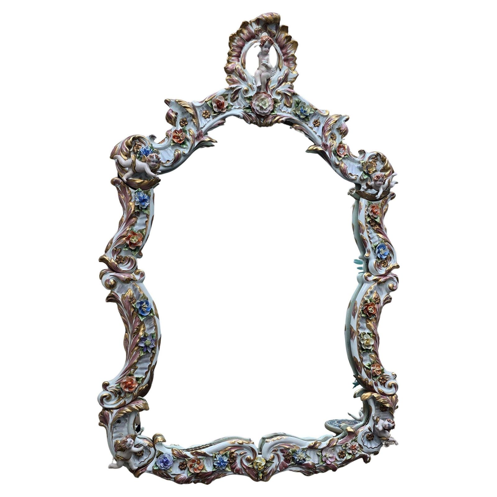 Large Italian Capodimonte Porcelain Hollywood Regency Mirror With Cherubs photo furniture
