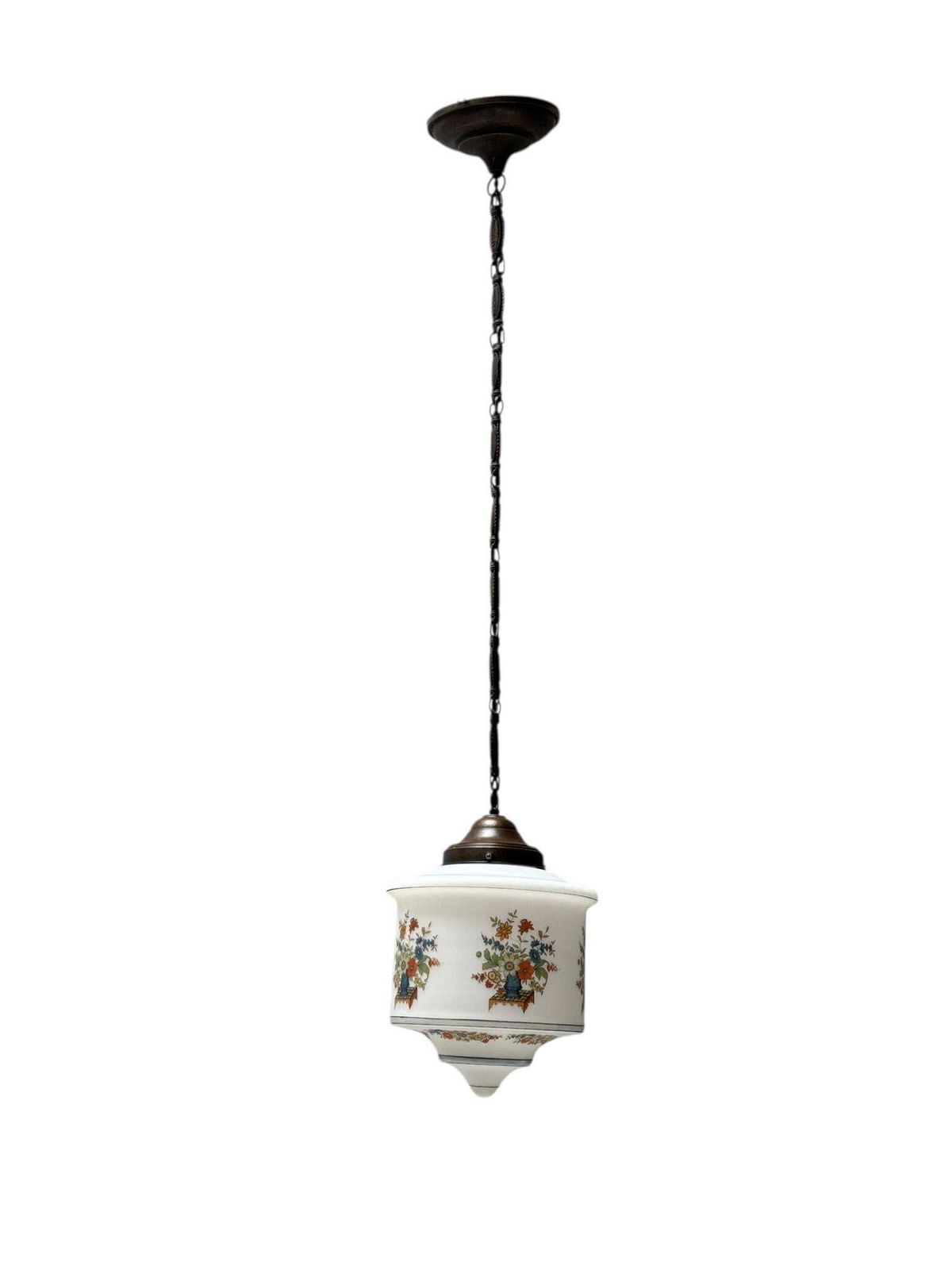 Art Nouveau Pendant Light With Original Hand Painted Glass Shade, 1900s photo buy