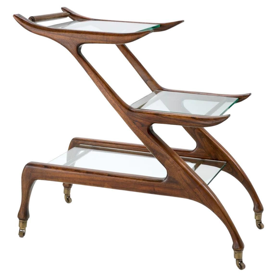 Serving Trolley In Classic Brown Wood And Clear Glass