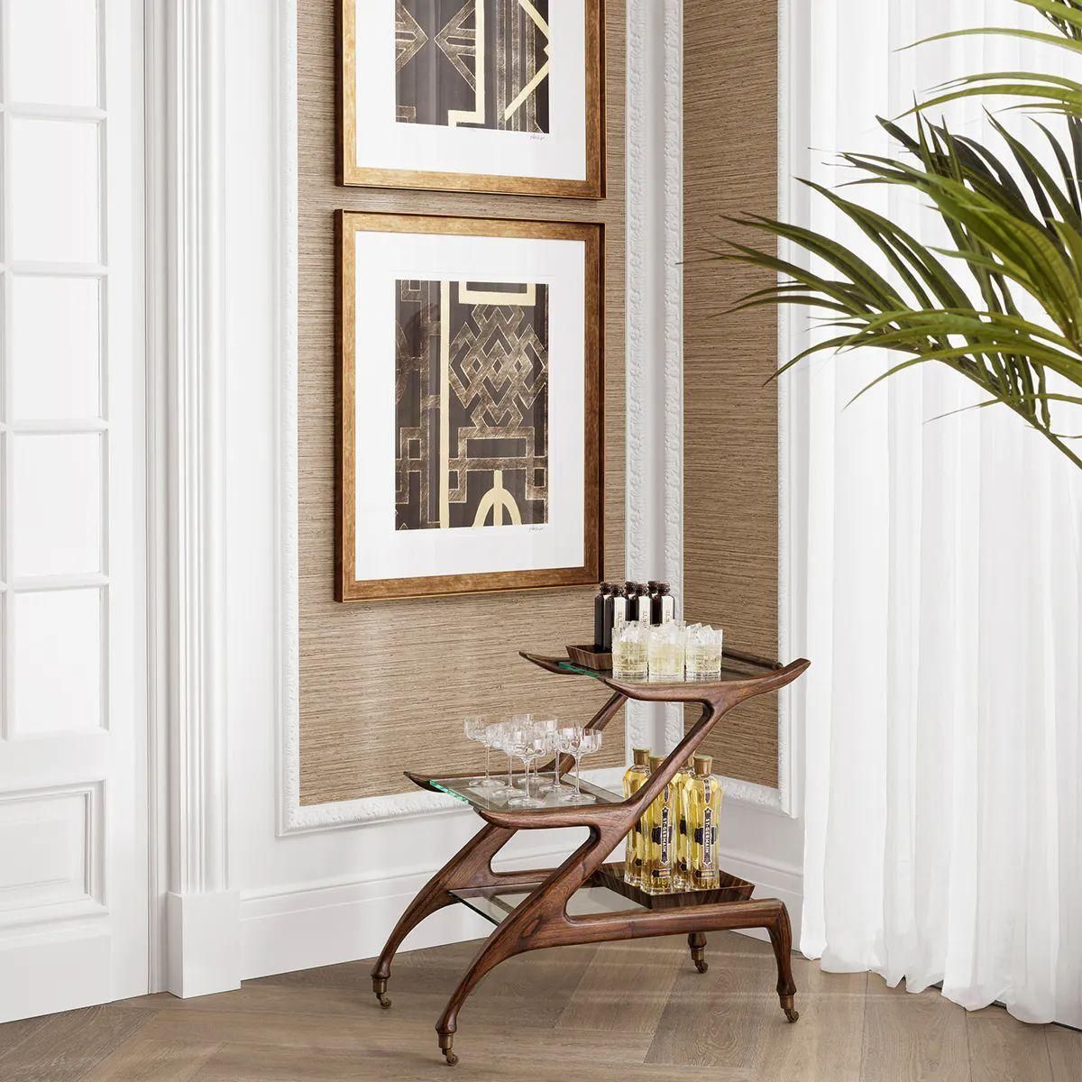 Serving Trolley In Classic Brown Wood And Clear Glass photo for sale