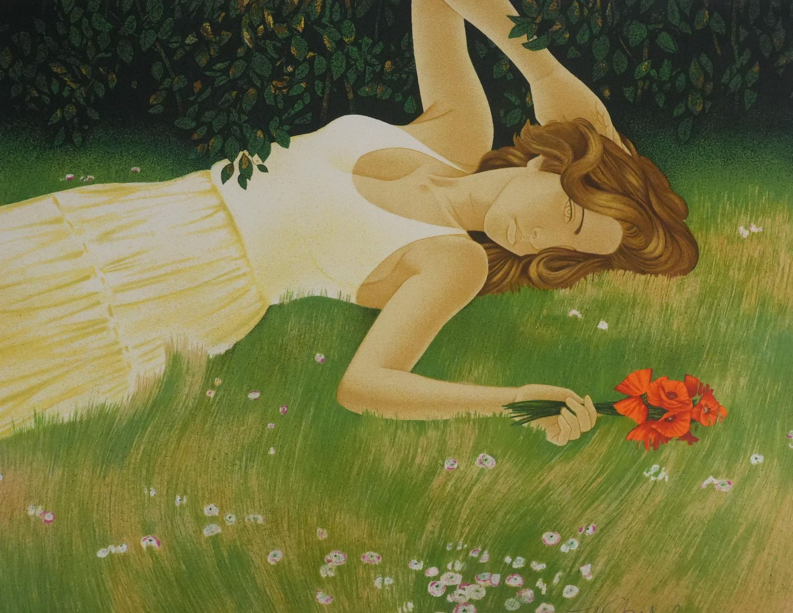 Yves Gannewoman Lying Down Among Poppies   Original Lithograph Signed photo for sale