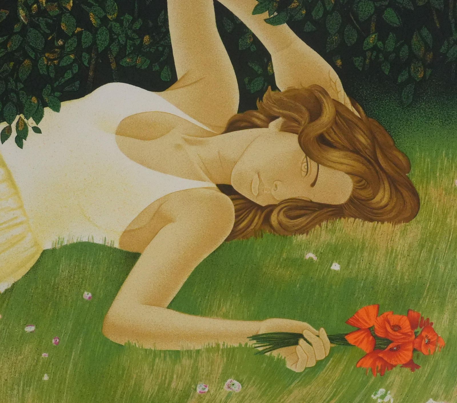 Yves Gannewoman Lying Down Among Poppies   Original Lithograph Signed photo Art