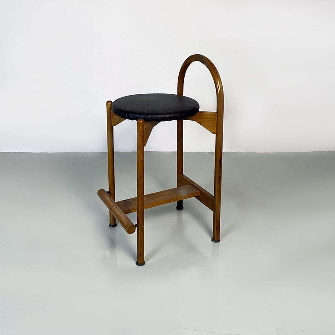 Italian Mid Century Modern Wooden Structure & Faux Leather Seat High Stool 1970s photo buy