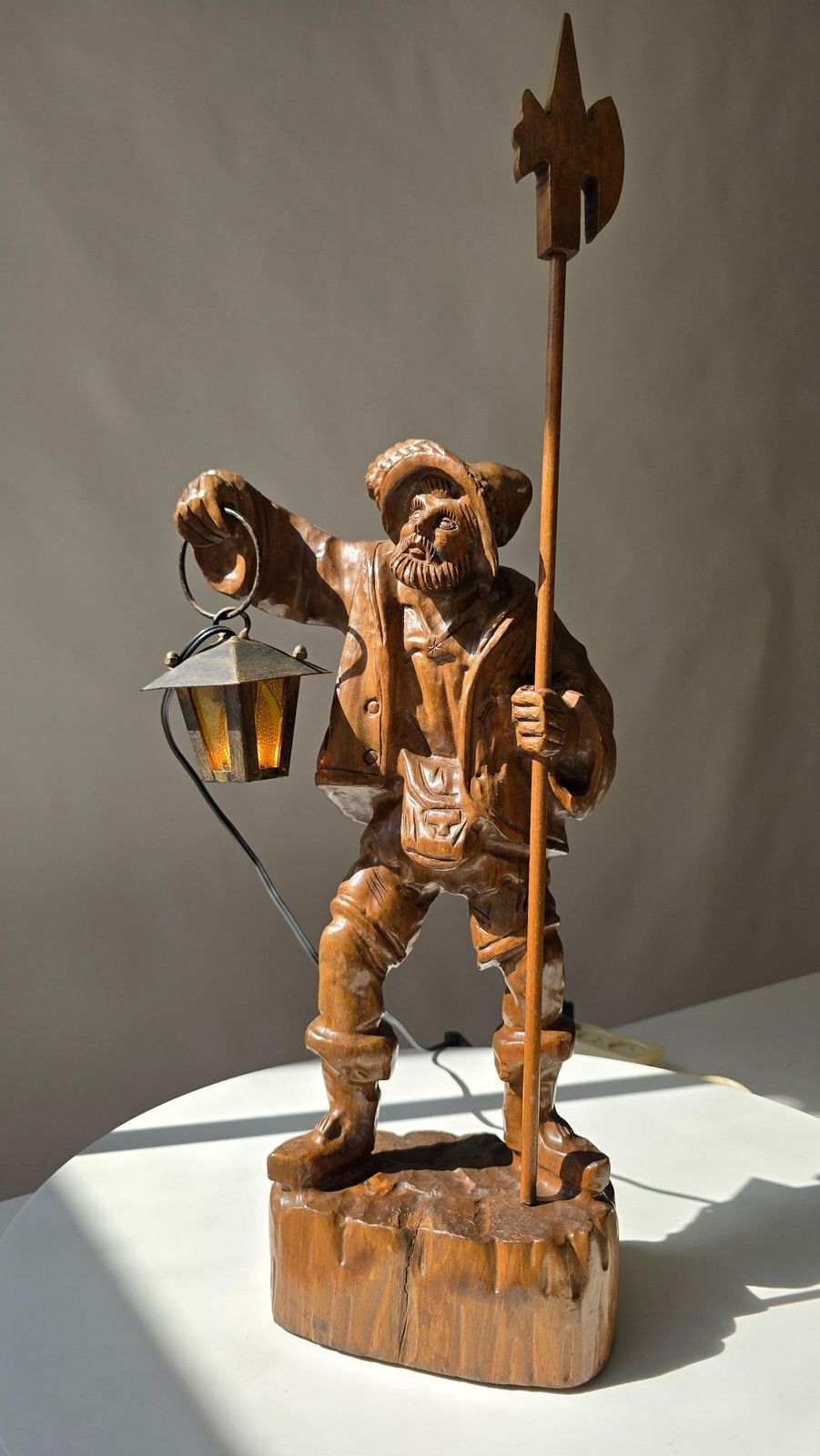 Black Forest Hand Carved Wooden Night Watchman Lamp, Circa 1950s photo furniture