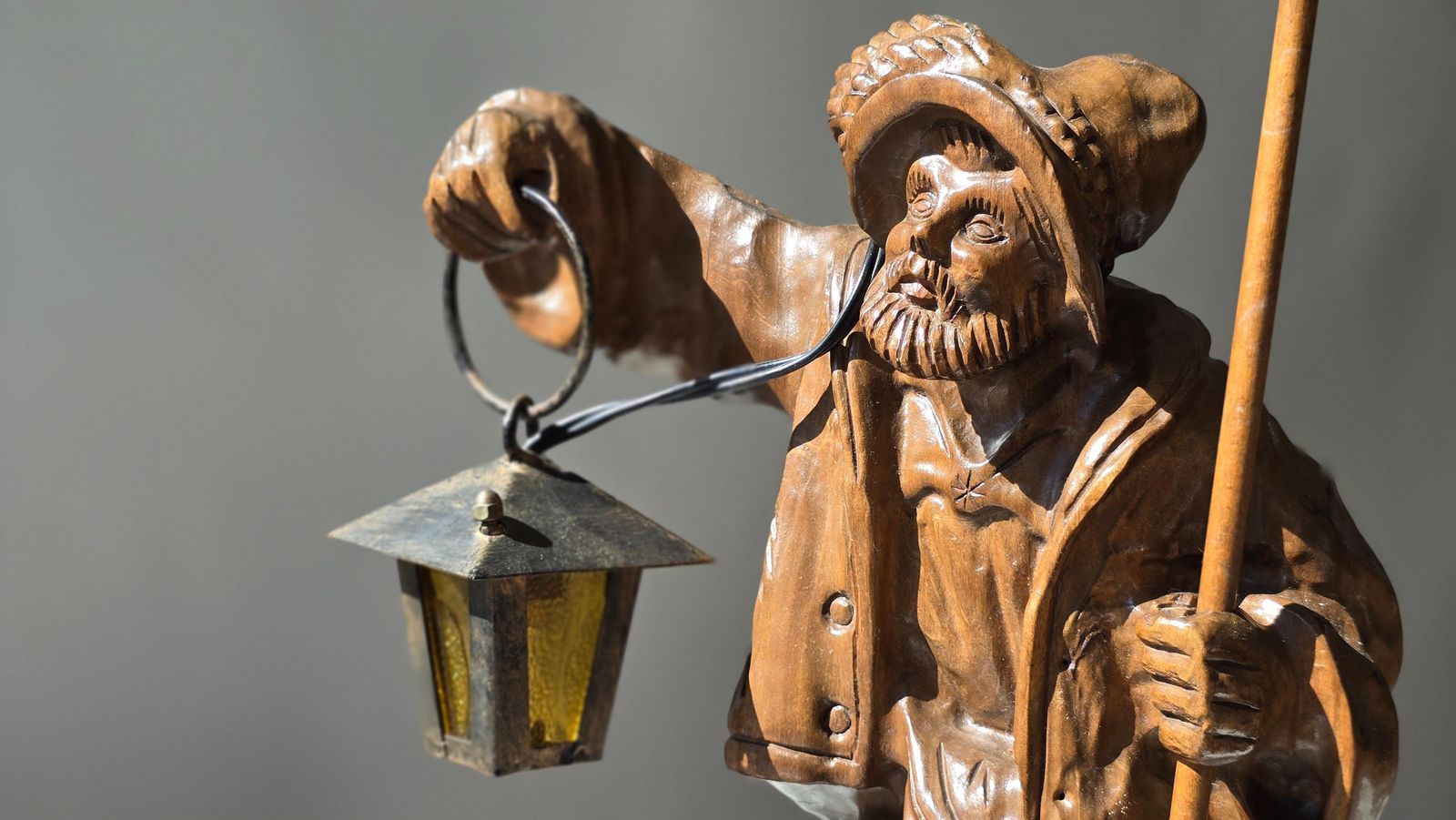 Black Forest Hand Carved Wooden Night Watchman Lamp, Circa 1950s photo vinterior