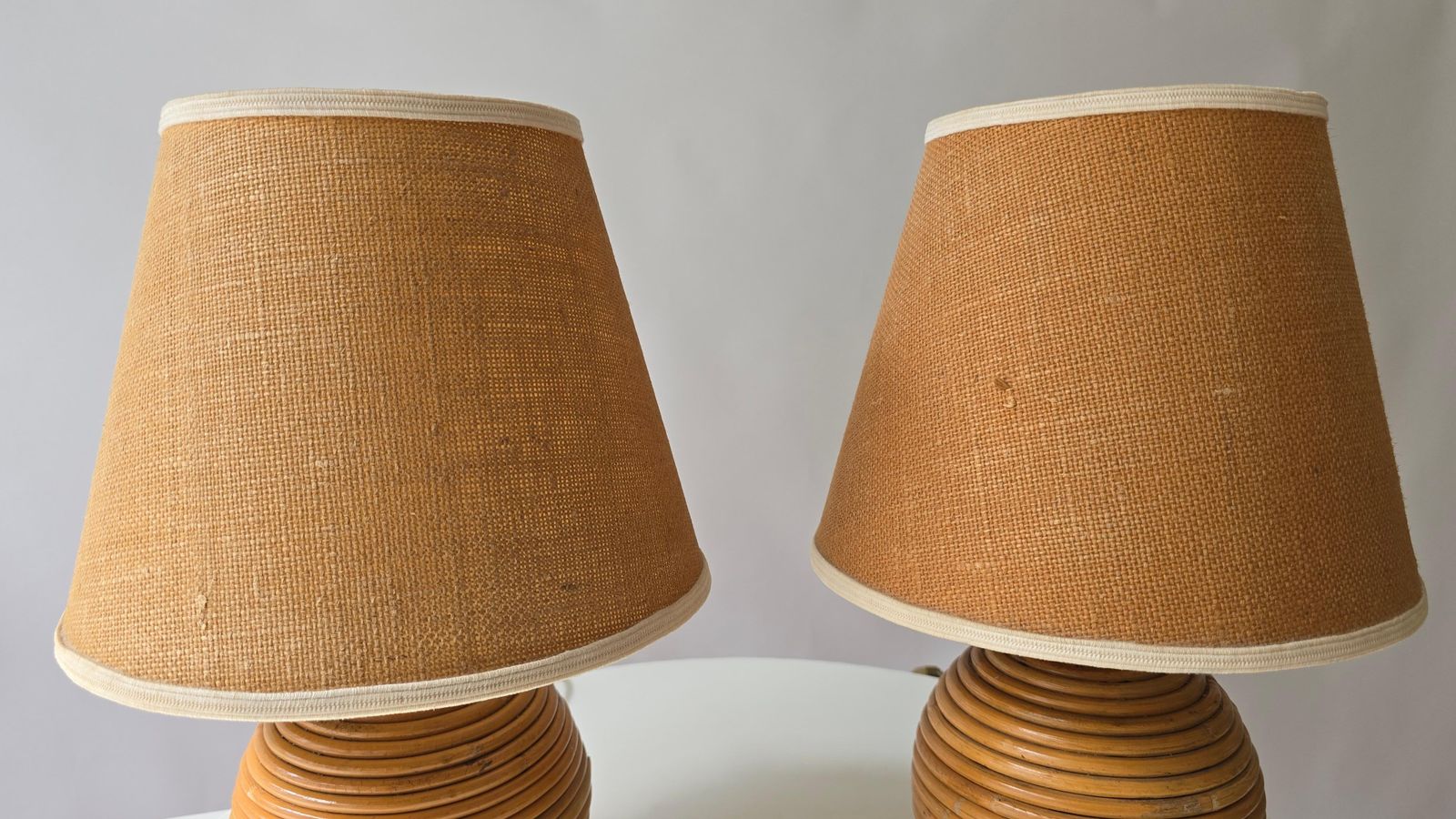 Pair Of 1970s Rattan & Brass Table Lamps – Organic Modern Boho Style photo 2404.0