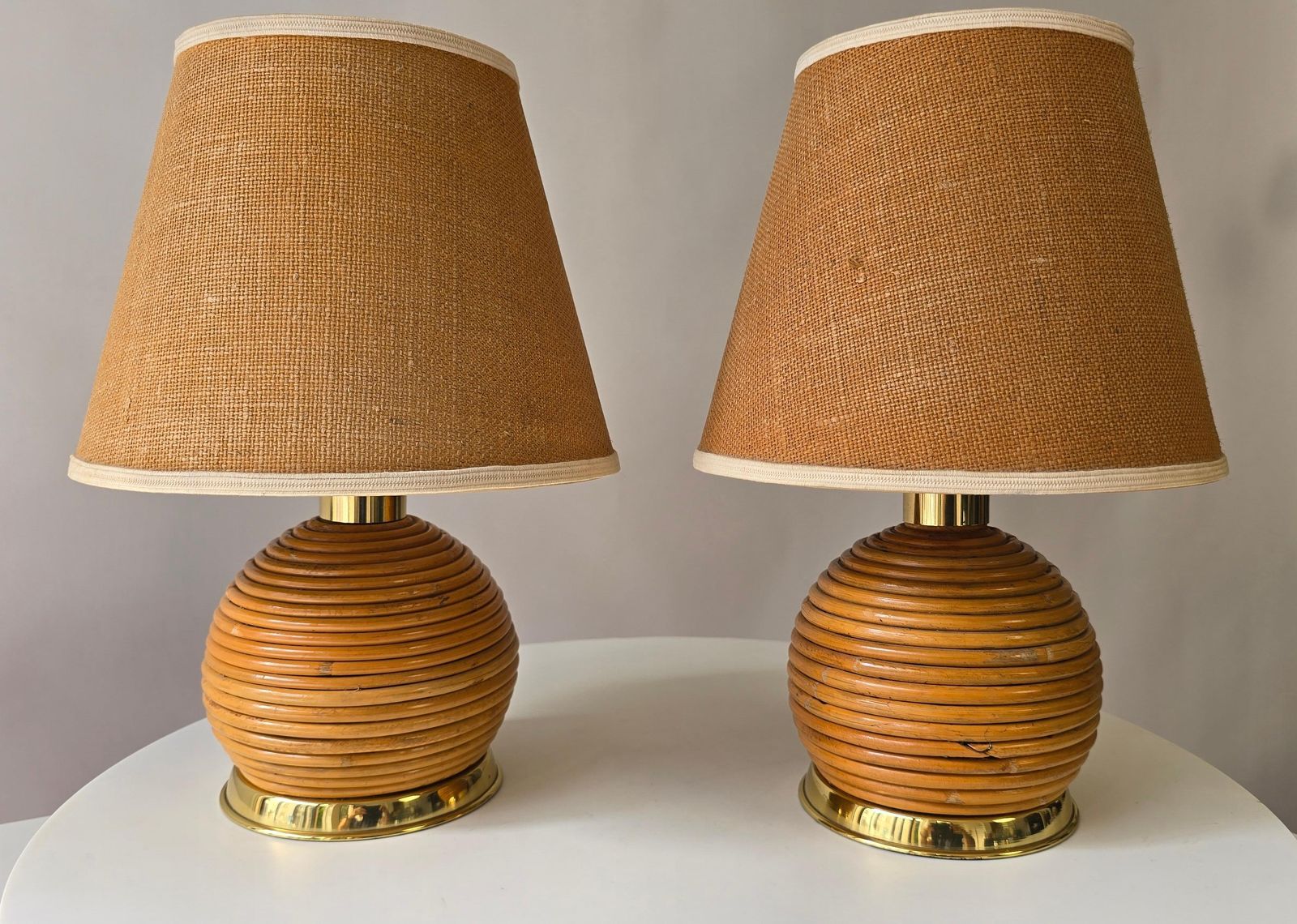 Pair Of 1970s Rattan & Brass Table Lamps – Organic Modern Boho Style photo buy