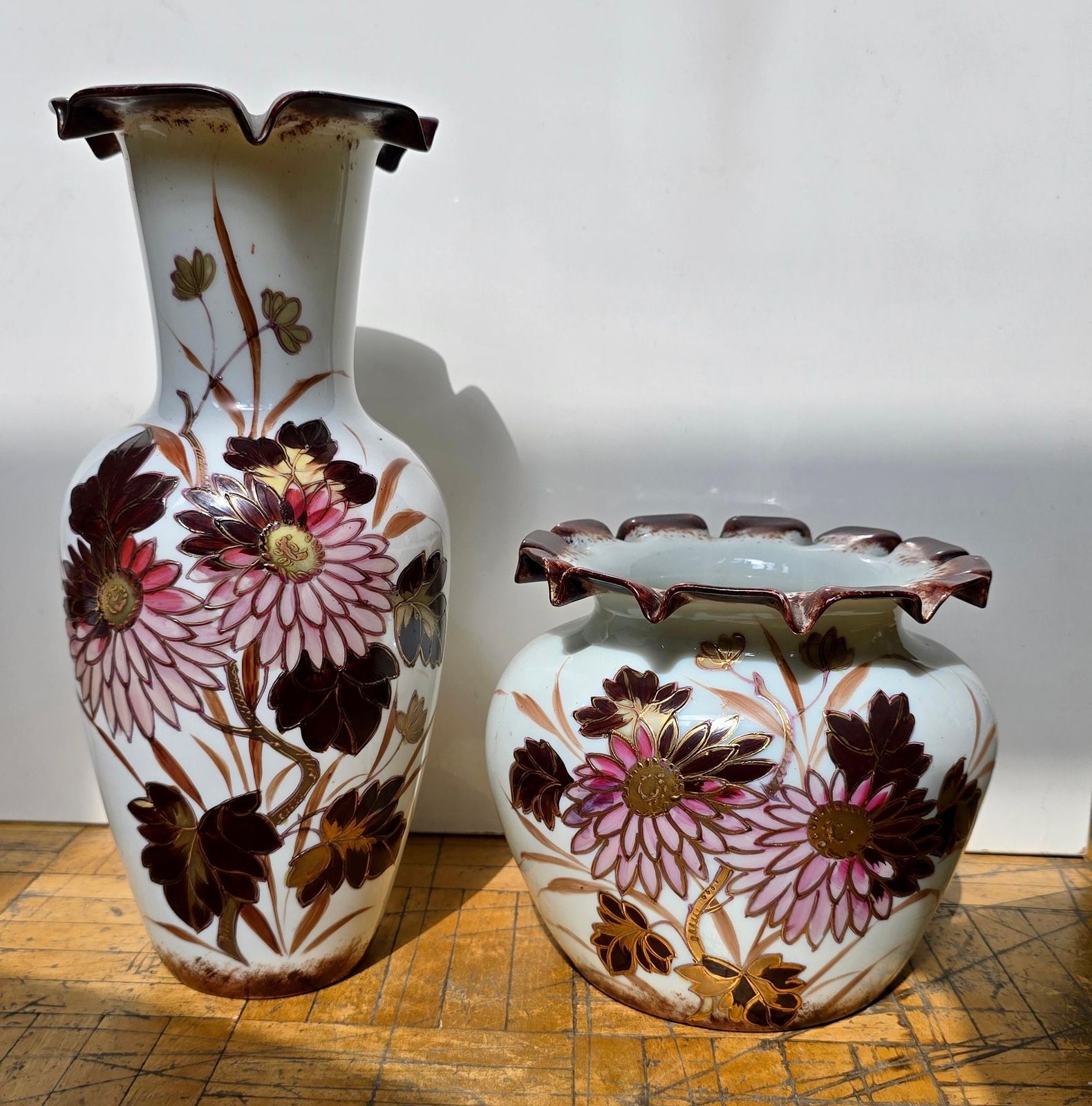 Pair Of French Art Nouveau Opaline Glass Vases With Enamel And Gilt Decoration photo furniture
