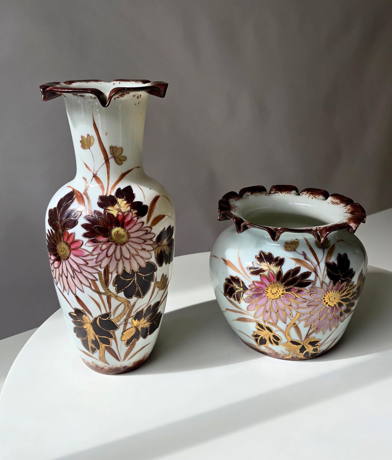 Pair Of French Art Nouveau Opaline Glass Vases With Enamel And Gilt Decoration photo 2570.0