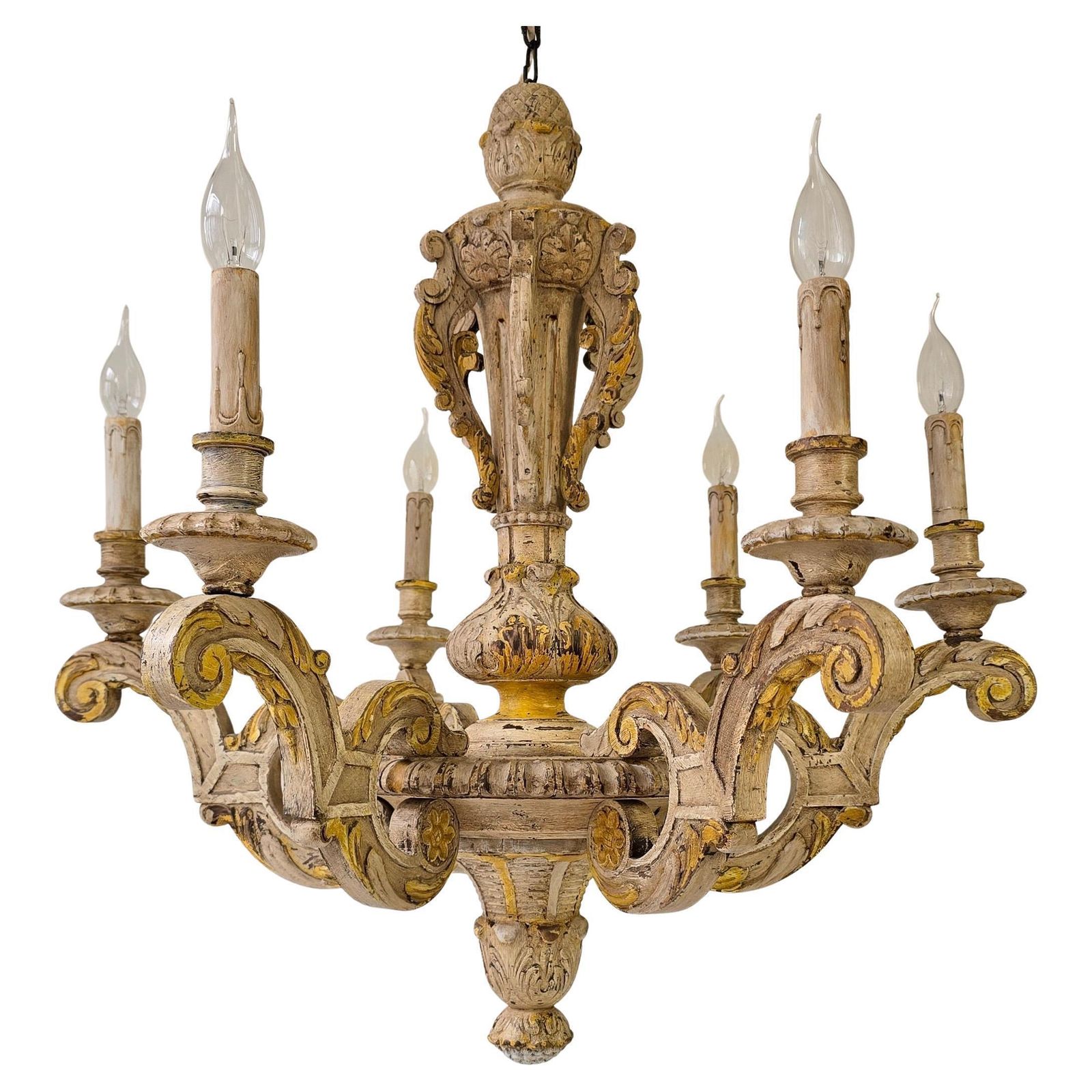 Large Antique Italian Baroque Chandelier In Carved Wood, Rustic Wabi Sabi Patin