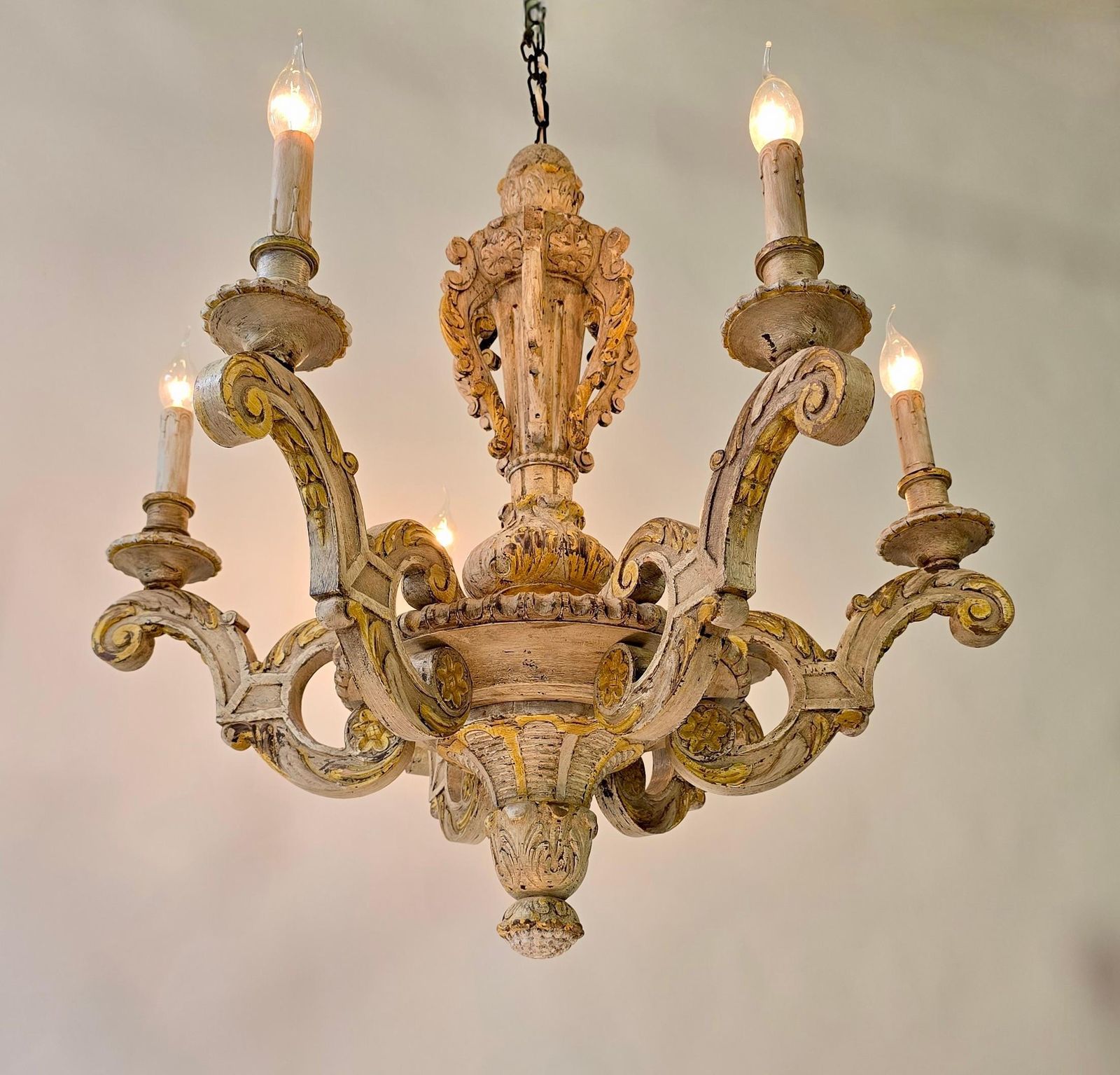 Large Antique Italian Baroque Chandelier In Carved Wood, Rustic Wabi Sabi Patin photo buy