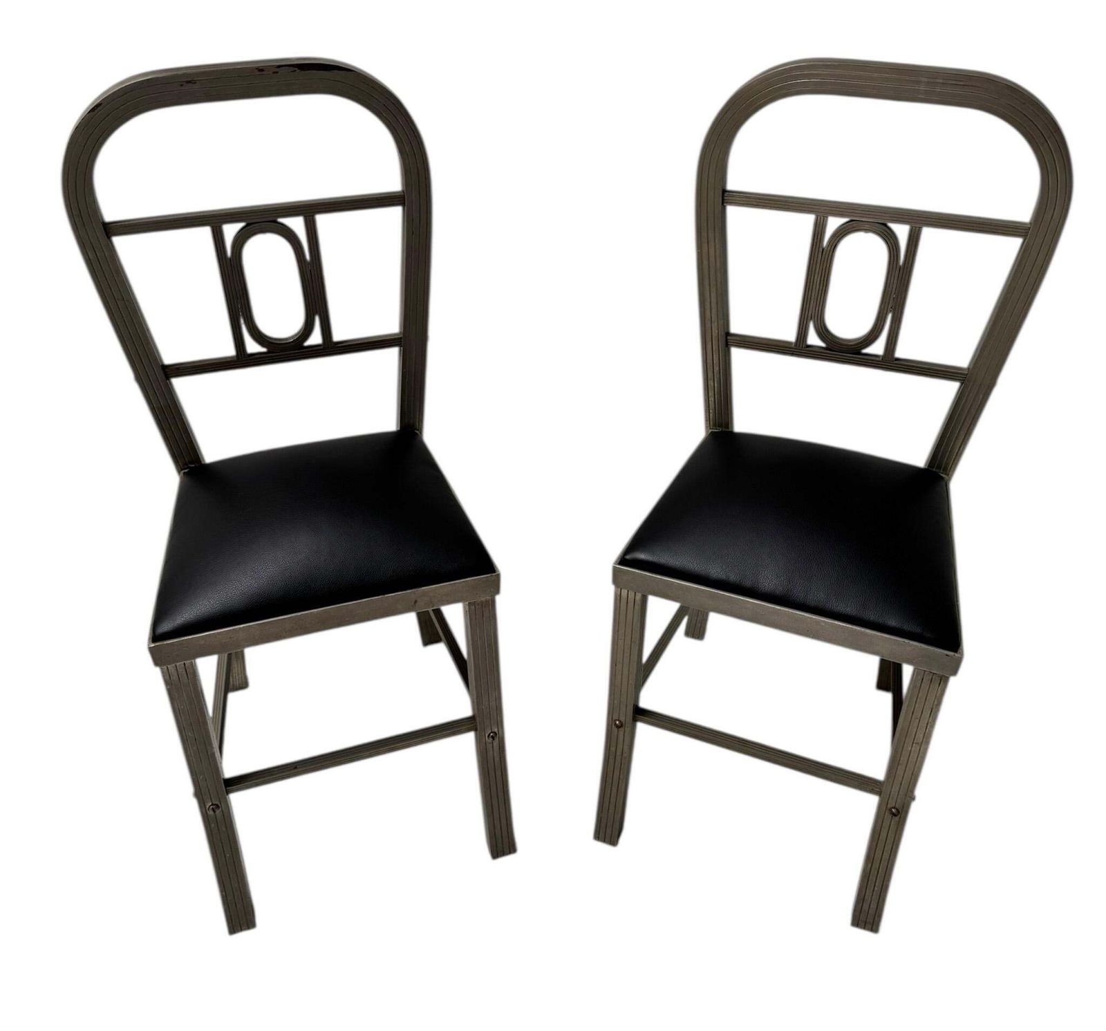 Two French Art Deco Side Chairs With Black Leather Seats, 1930s photo for sale