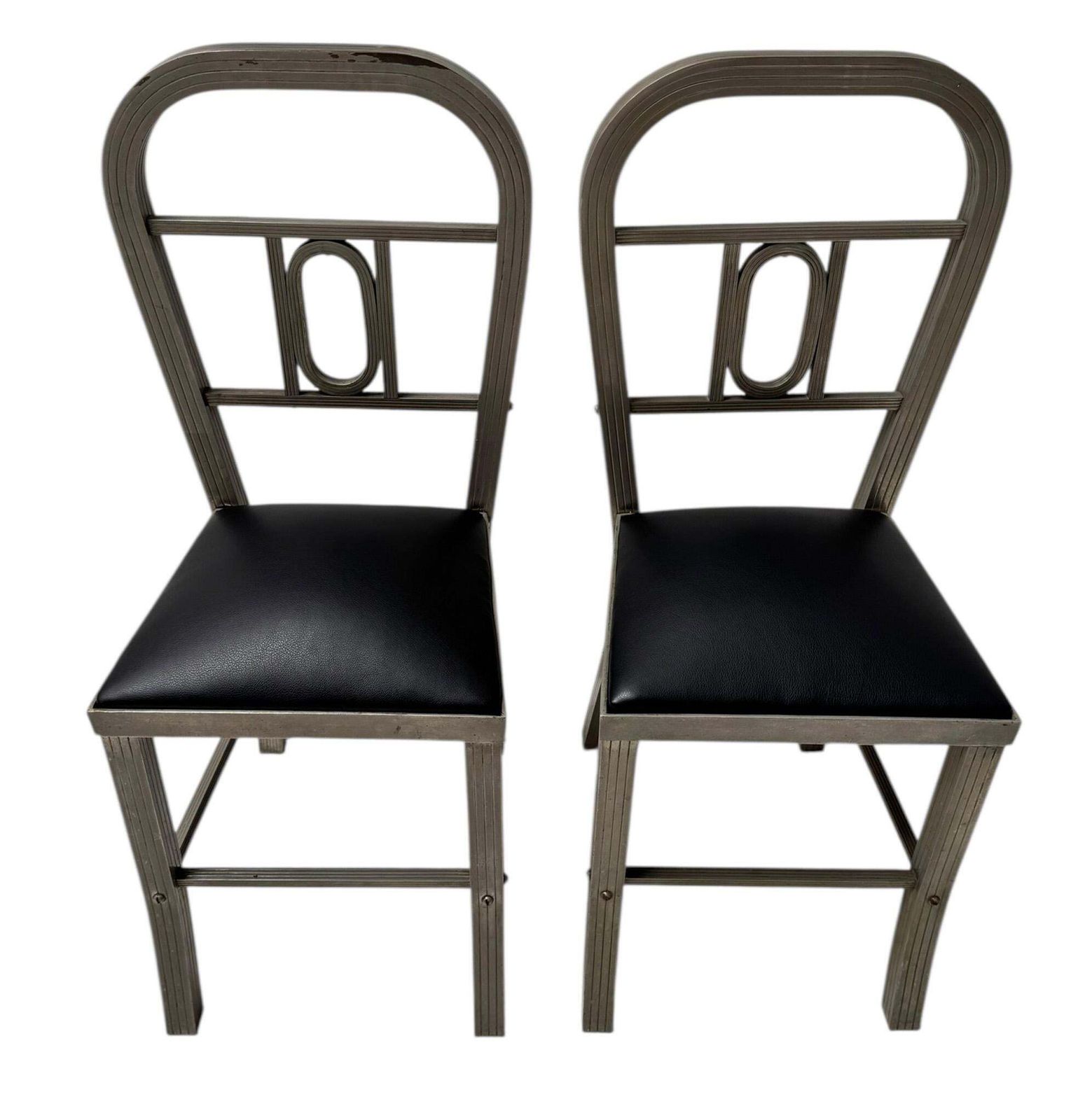 Two French Art Deco Side Chairs With Black Leather Seats, 1930s photo vinterior