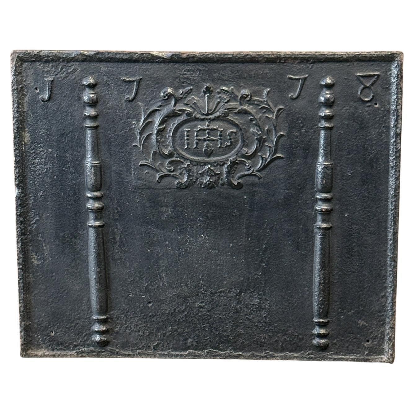 18th Century French Fireback / Backsplash 'Pillars With Medieval Ihs Monogram'