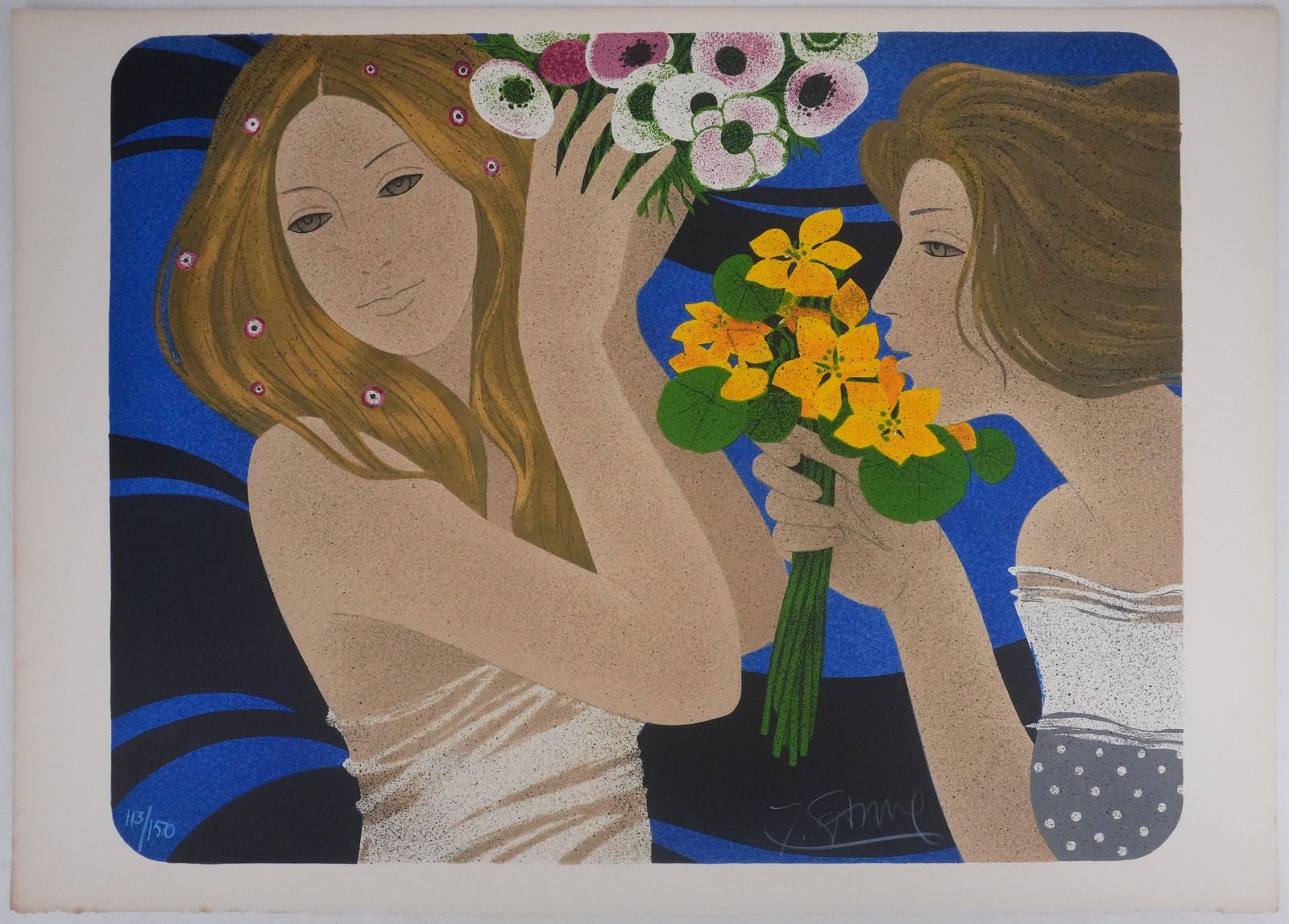 Yves Gannethe Two Women With Bunches Of Flowers   Original Lithograph Signed