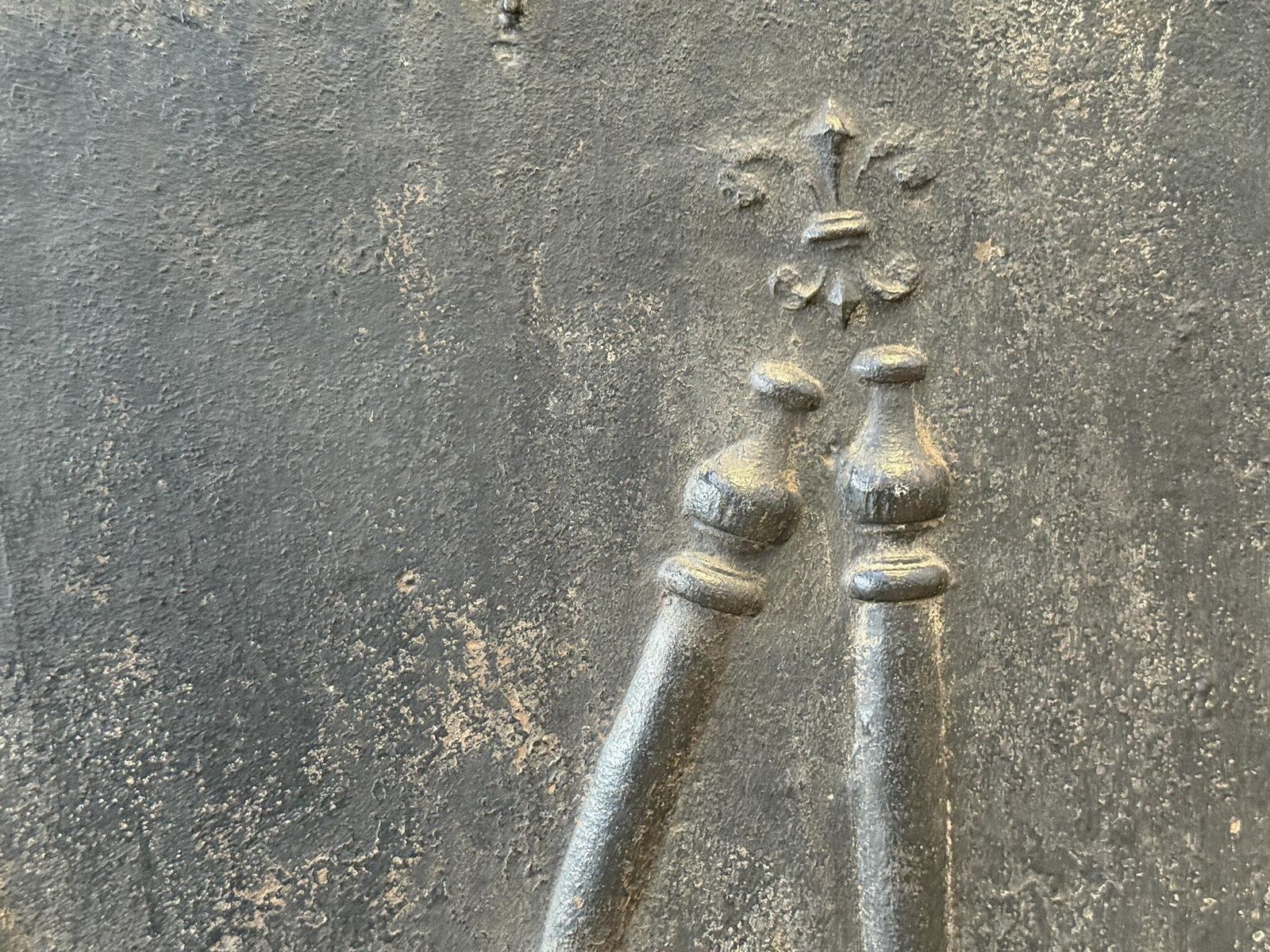 photo for sale 18th C French Fireback / Backsplash With Pillars And Fleurs De Lys, Dated 1733