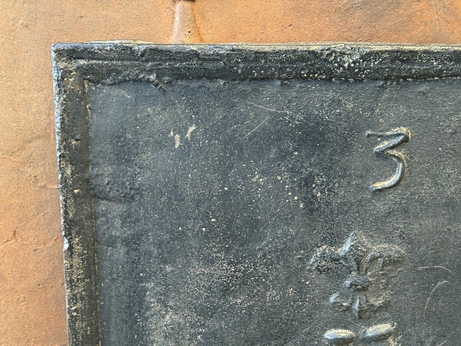 photo buy 18th C French Fireback / Backsplash With Pillars And Fleurs De Lys, Dated 1733