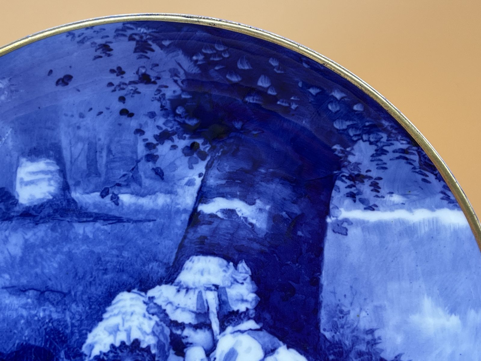 Antique Royal Doulton Pottery Flow Blue Children, 2 Girls Tiny Witch Decorative Plate. photo for sale