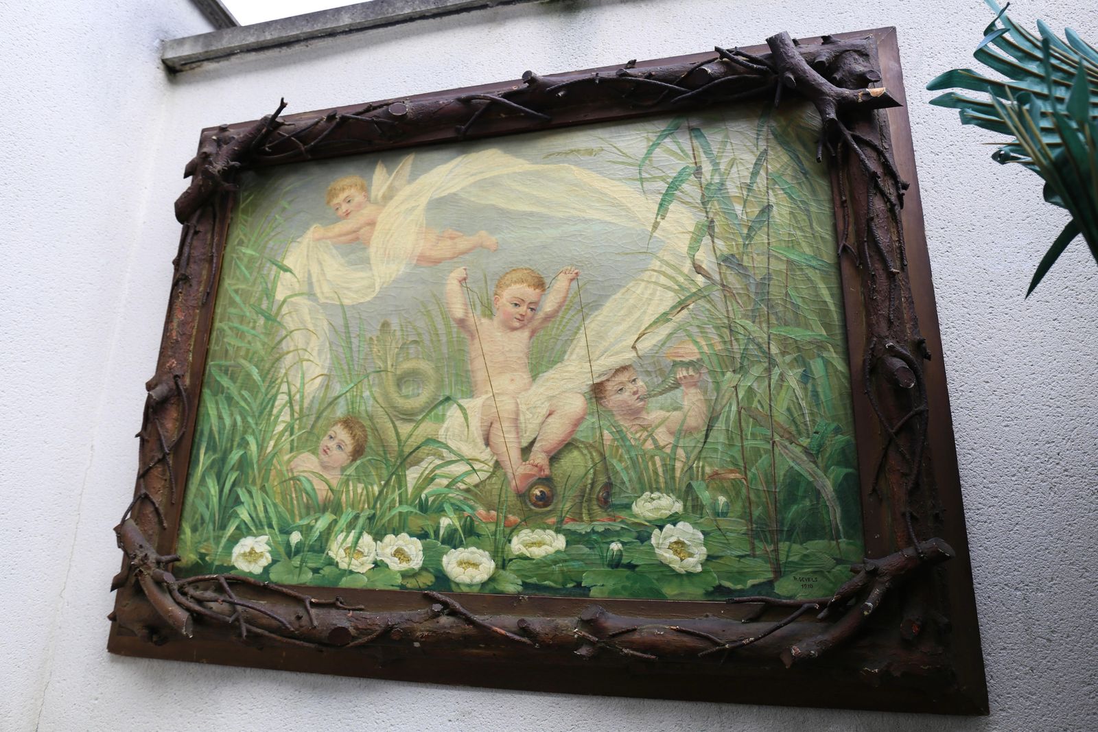 Putti Painting By A. Gevels In An Original Sculptural Nature Frame, Belgium photo Art