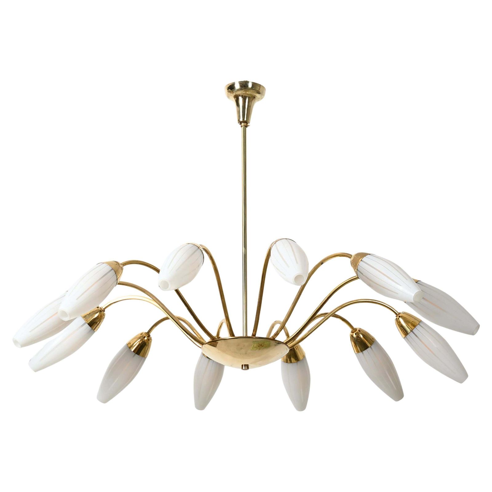 Large Rare Midcentury Brass Opaline Glass Chandelier By Rupert Nikoll