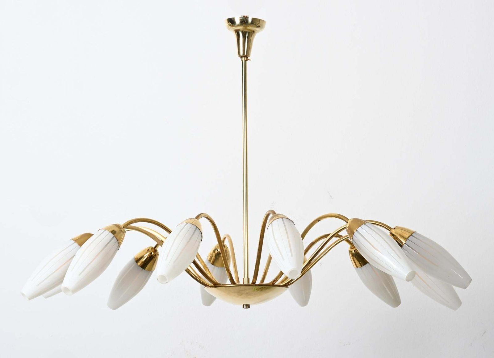 Large Rare Midcentury Brass Opaline Glass Chandelier By Rupert Nikoll photo furniture