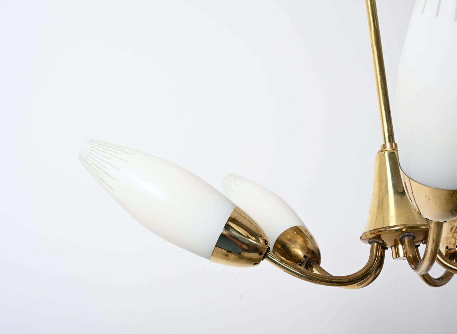 Midcentury Brass Opaline Glass Chandelier By Rupert Nikoll photo vinterior