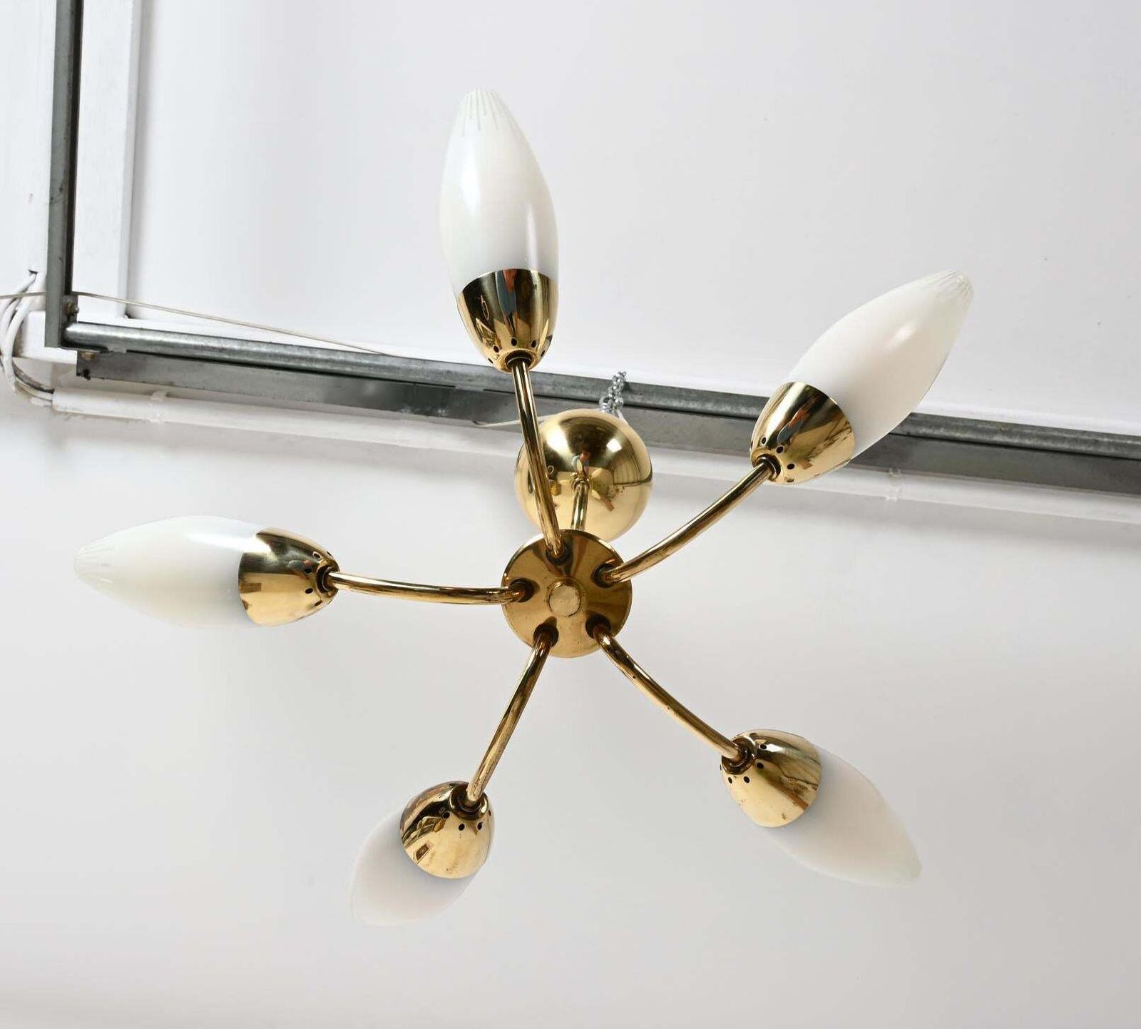 Midcentury Brass Opaline Glass Chandelier By Rupert Nikoll photo vintage