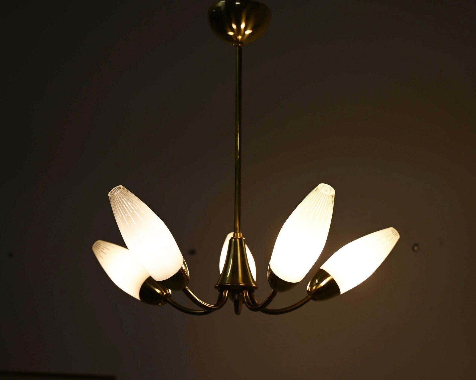 photo for sale Midcentury Brass Opaline Glass Chandelier By Rupert Nikoll