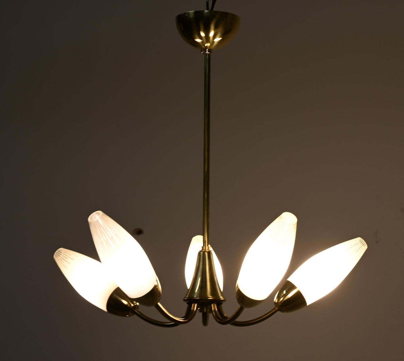 Lighting Midcentury Brass Opaline Glass Chandelier By Rupert Nikoll photo