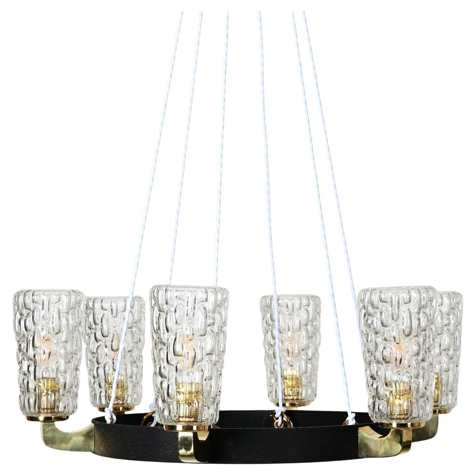 Rare Midcentury Brass Glass Chandelier By Rupert Nikoll