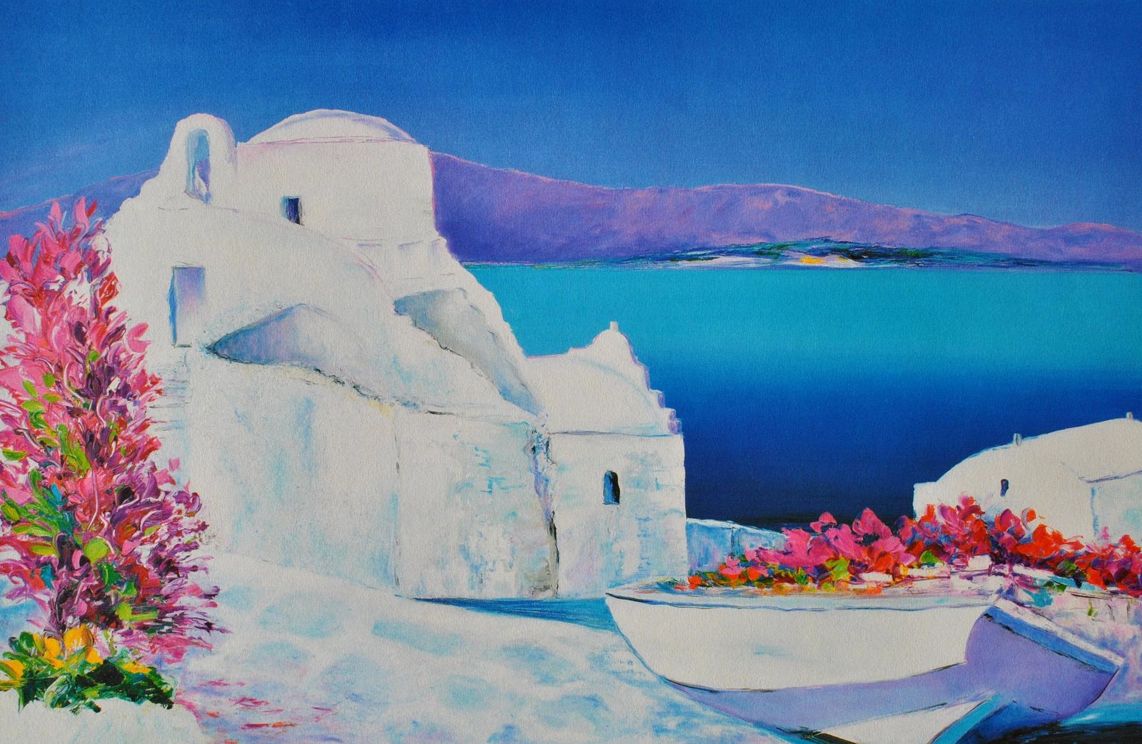 Serge Fenechriviera : Flowery Boat At Santorini   Original Lithograph, Handsigned & Ltd /3901982 photo furniture