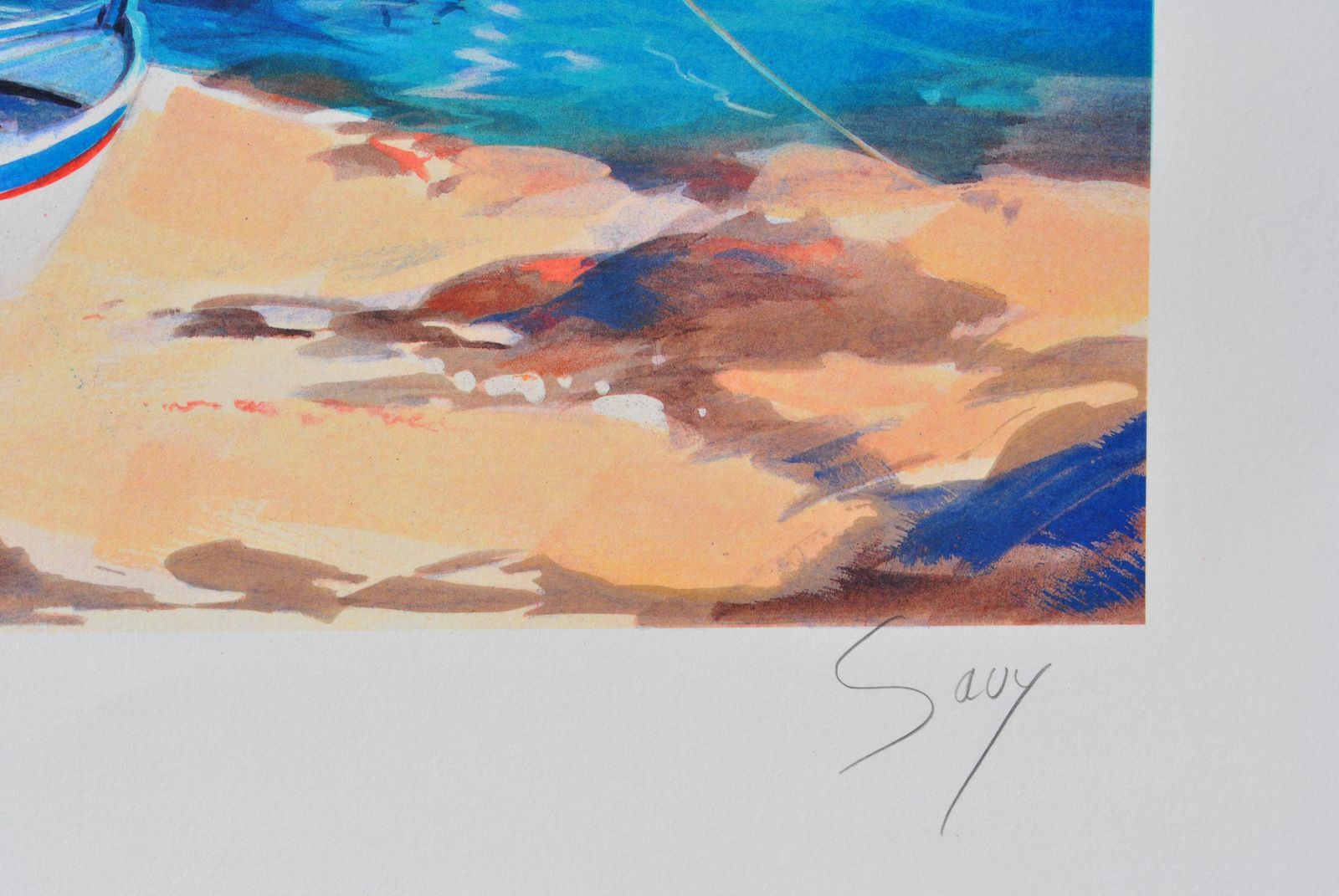 Andre Savyriviera : Three Boats In Santorini   Original Lithograph, Handsigned & Ltd /3901982 photo for sale